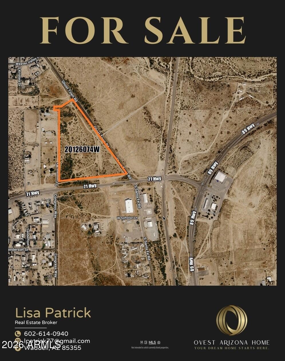 High Potential Highway Frontage Opportunity - 11.12 Acres in the Rapidly Growing Community of Congress!

Discover the possibilities with this exceptional 11.12-acre parcel featuring prime frontage along Highway 71 and Ghost Town Road. Ideally positioned in a high-visibility, high-traffic location, this level and usable property offers outstanding development potential.

Whether you envision an income-producing investment, RV park, gas station, retail business, or other commercial venture, the opportunities are endless. Convenient access from both Highway 71 and nearby Highway 89 provides excellent exposure and accessibility.

The property offers the option to connect to Yavapai Water or install your own well, providing flexibility for future development. With electricity nearby.