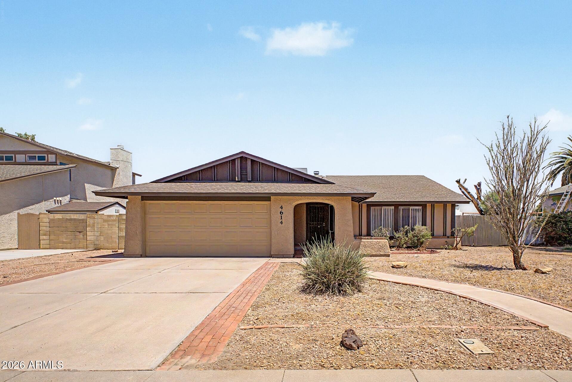 An all-around easy-care, single-story home. No HOA, desert landscaping. Tile throughout and 8 ft ceilings with fans equal low cooling costs. Eat-in kitchen glass cooktop stove, dishwasher, built in microwave and lots of storage. Formal dining in living room--or use the large open space for a game room, home office  and keep the cozy family room with fireplace for yourself and guests.  Spacious master bedroom has pool access and large walk-in closet. Renovated Bathroom 2 and Renovated BA1 has separate shower & tub. Large backyard has fenced pool, RV gate with pad, fruit trees, and covered patio.