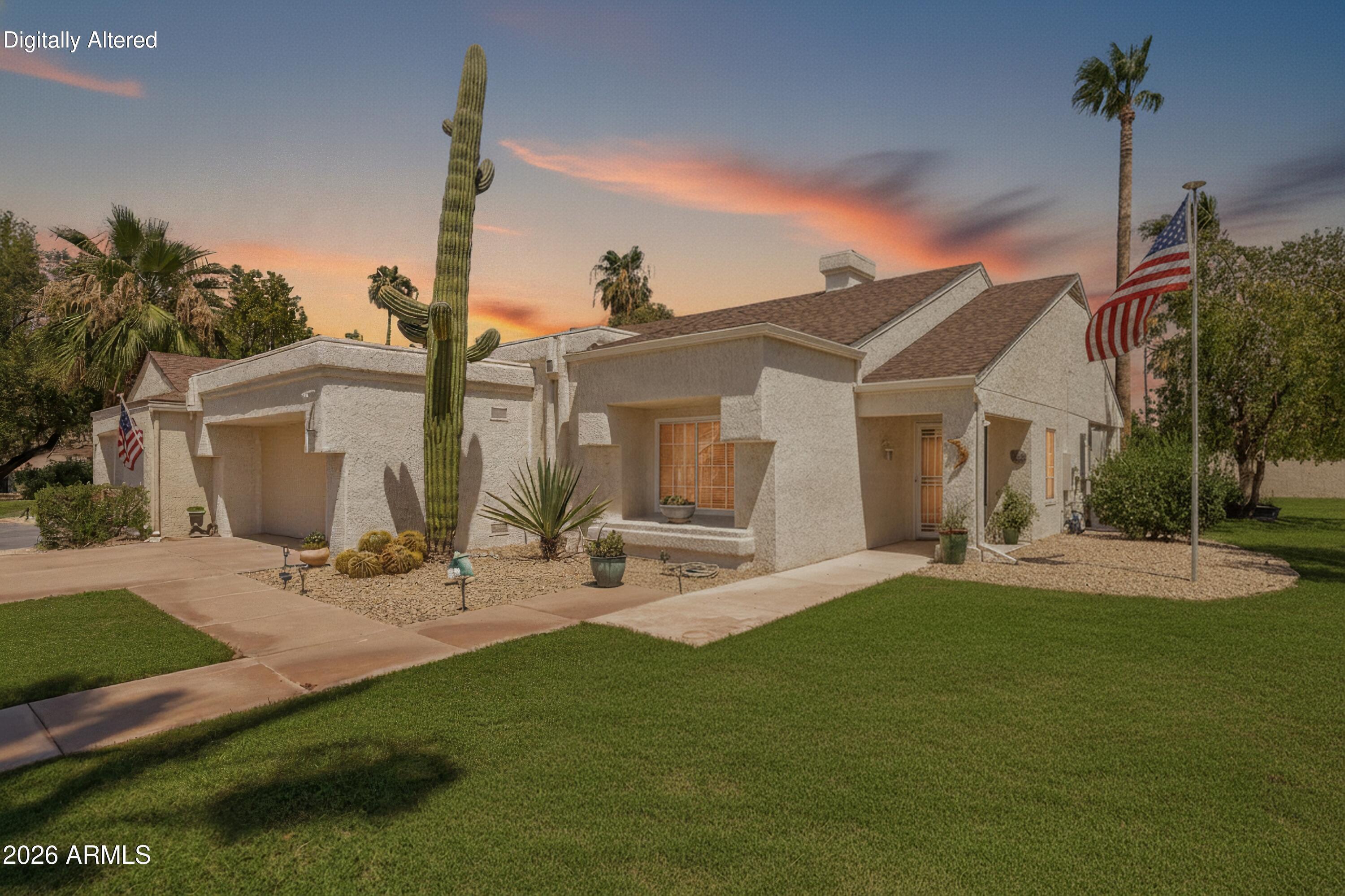 Expansive green grass surrounds this contemporary Gemini Twin, creating the look and feel of golf course living in a peaceful, park-like setting.  Former Del Webb model in the Crown Ridge neighborhood. This expanded Cameron is a split floor plan with soaring ceilings, open kitchen and oversized indoor laundry room providing ample space for a home office or hobby room. Major updates include a new HVAC system (2023), new energy-efficient windows, updated interior sun shades, a roof replaced in 2019, newly installed gutters, and plantation shutters throughout. The functional floor plan includes formal living and family rooms separated by a two-sided gas fireplace. The eat-in kitchen features Silestone countertops, a gas cooktop, recessed lighting, a newer refrigerator, and a bay-window dining are overlooking the lush backyard with direct access to the lovely covered patio.

Ideal location in a low-tax area where rentals are permitted.  Easy golf cart ride to all of the SCW rec centers, pools, golf courses, club and shopping.  Low maintence as HOA covers the lawn maintenance, trash collection, pest control and blanket insurance policy
