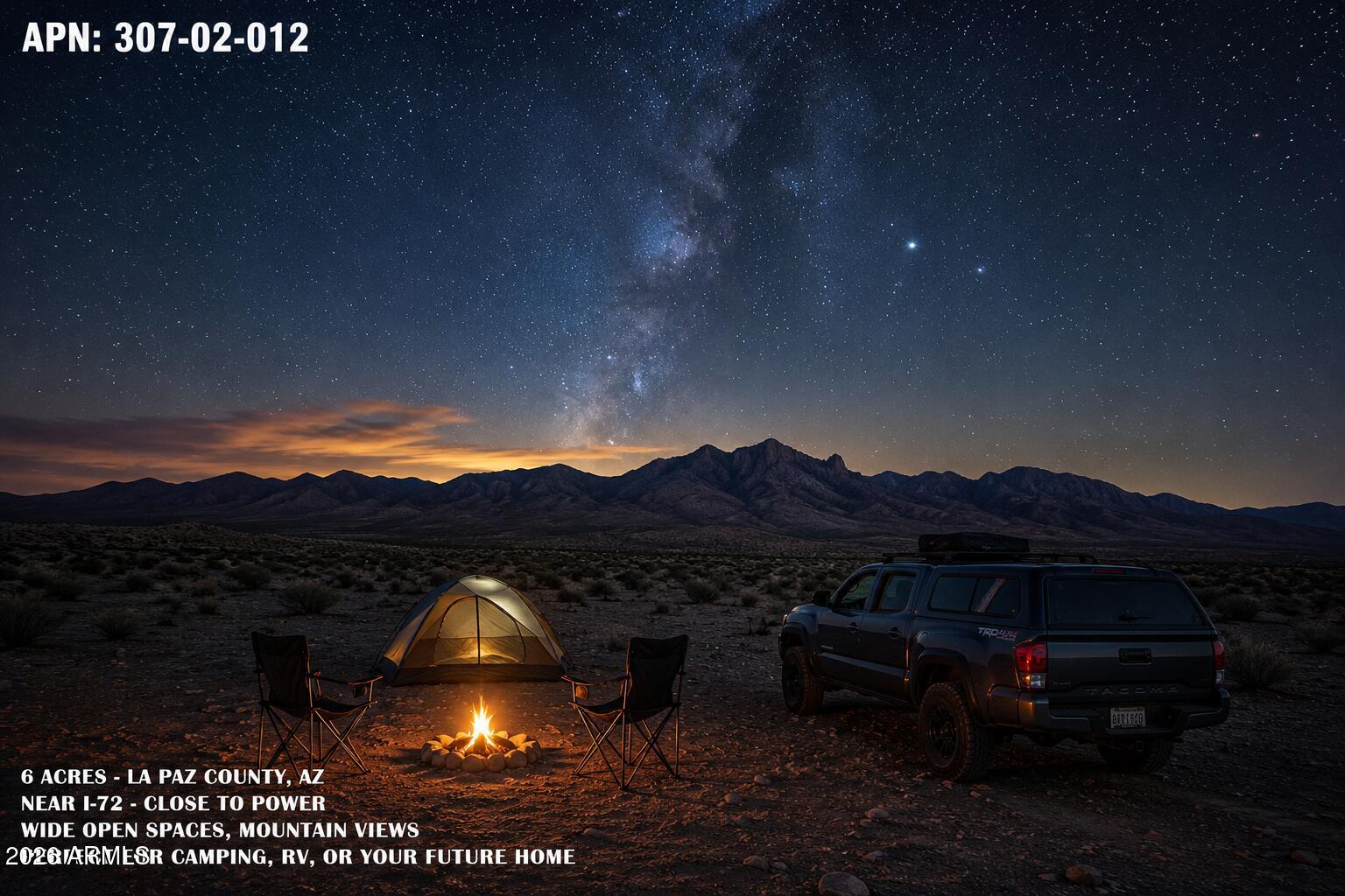 Discover the potential of this 6-acre parcel (APN 307-02-012) in desirable La Paz County. Priced at $25,000, this level property offers excellent access near paved Highway 72, nearby power, local farms, RV parks, and the Utting Airstrip. Wide-open desert views, beautiful Arizona sunsets, and room to build, invest, or create your own retreat. Whether you're looking for a future homesite, seasonal getaway, or land investment, this property is positioned in an area that continues to attract buyers seeking affordability and flexibility. Open to win/win creative financing solutions. Lets work together to get YOU some land!! This land went through a rigorous due diligence before it was purchased. Buy with confidence!