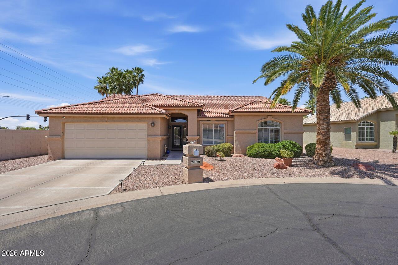 Beautifully remodeled and move-in ready, this Oakwood home offers a bright, open floor plan ideal for comfortable living. Featuring 2 spacious bedrooms plus a den,  it includes updated baths, newer flooring and paint,  plantation shutters, and vaulted ceilings throughout. The stunning kitchen is the heart of the home complete with quartz countertops, stainless steel appliances, a gas range, and a breakfast bar open to the dining and family rooms. The primary suite offers a walk-in closet, private ensuite bath, and direct laundry access. Enjoy a 2-car garage with ample storage, and a large private backyard. New roof completed in 2023. New Anderson windows (west side of home). Located in Sun Lakes with golf, tennis, pickleball, pools, fitness center, dining, and more.