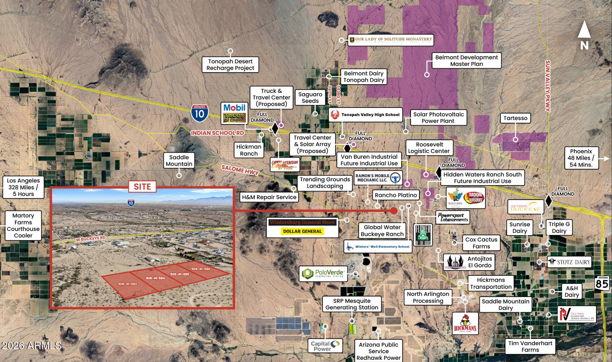 Located along S 359th Ave, just south of W Buckeye Rd in Tonopah, Arizona, this offering consists of four adjacent
parcels totaling approximately 4 acres (±43,668 sf each). All four lots are zoned R-43 and have power to site, making them
ideal for a home builder ready to break ground. With Maricopa County's West Valley continuing to expand, these
parcels represent a compelling opportunity in a rapidly developing corridor.