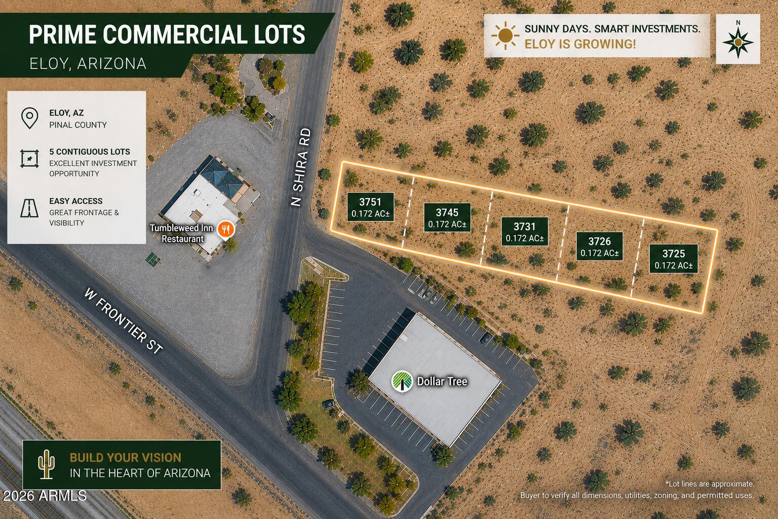 Rare opportunity to purchase five contiguous C-1 commercial lots totaling approximately 0.85 acres (37,500 SF). Located directly across from the popular Tumbleweed Grill, this assemblage offers excellent visibility and flexibility for future neighborhood commercial development. City water and APS electric are nearby. Buyer to verify all utilities, zoning, and permitted uses with the City of Eloy.