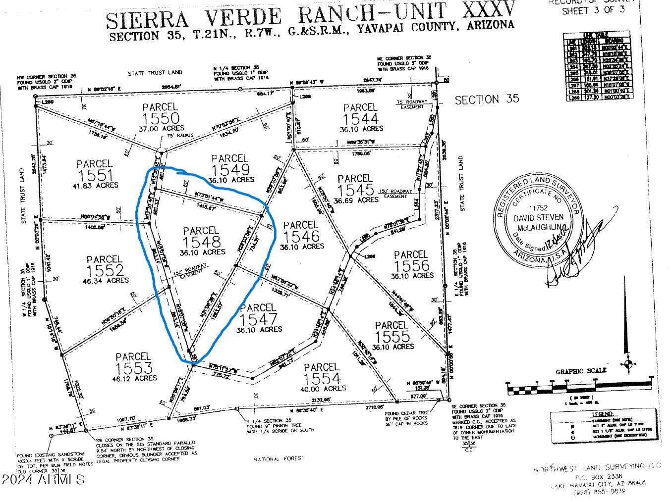 Near the top with Mountain Views - Appx 5800 ft elevation.  36+/-acres. Nice trees and vegetation.  Dirt/gravel roads graded by POA. Two community wells. Mostly walkable with a few steep areas.  There are a couple great spots to build or pull in a trailer.  About 18 miles to Seligman and a little over an hour to drive to Prescott through the National Forest.  Owner relocated to Michigan.