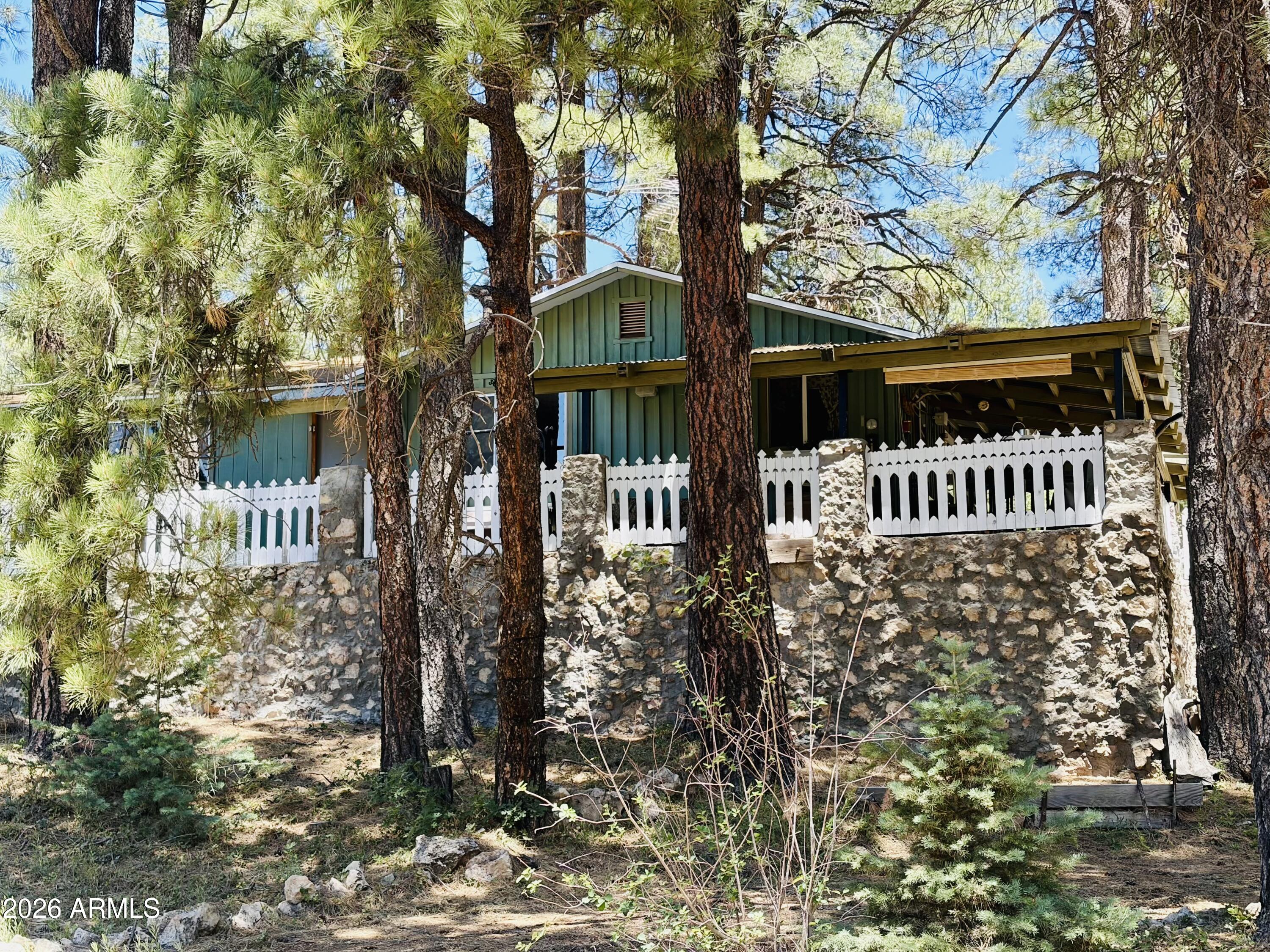 If you've been dreaming of a true forest getaway, this is it! Nestled on 2+ acres that backs straight into National Forest, this rustic two bedroom, one bath cabin is surrounded by towering Ponderosa pines and miles of untouched wilderness. The small, off-grid subdivision feels like stepping back in time, quiet and private, and full of old-Arizona character. The cabin offers a large great room with big windows, a wood-burning stove, solar for lighting, a generator, private well, and propane, everything you need for simple, self-reliant living. Spend your days hiking, riding, exploring old 1800s cabin sites, or wandering down to the frog pond. Spend your nights under a sky full of stars. This is more than a cabin, it's a lifestyle, a retreat, and a rare piece of Arizona's wild beauty.