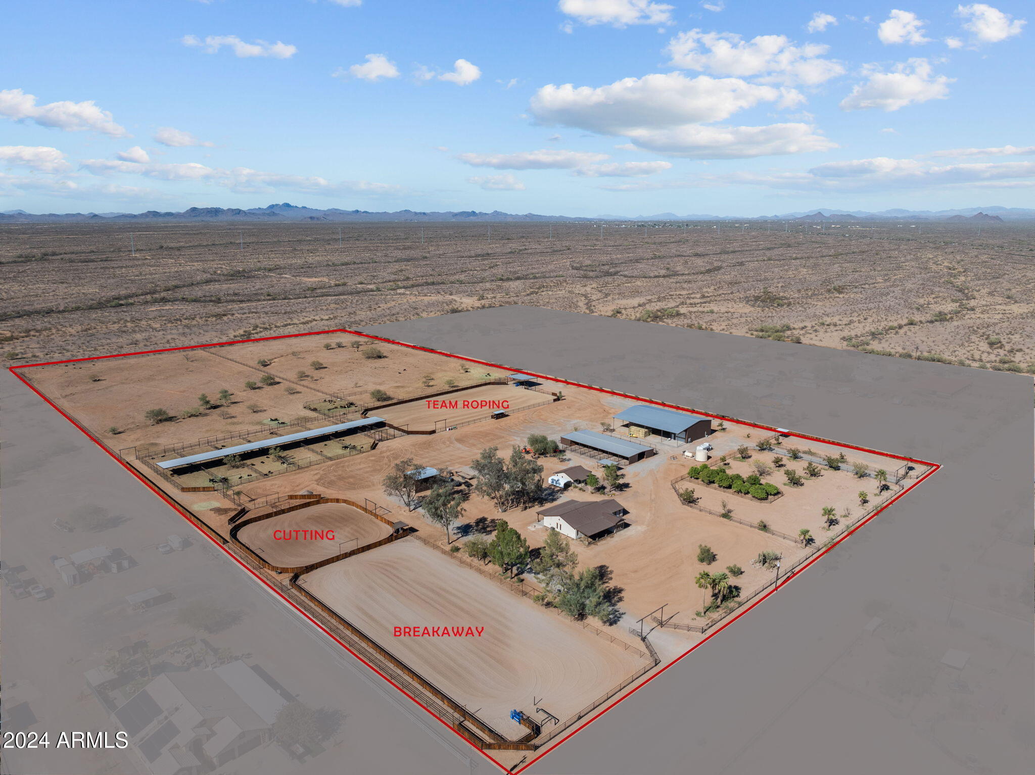 Custom 2 bd 2 bath w/office Custom 1 bd 1 bath casita 2 Entryways 3 arena's-1 full size roping/ barrel racing arena w/covered boxes 1 breakaway arena 1 cutting arena 2 Priefert roping chute 2 covered sitting areas over looking arenas 2 private wells 1 domestic 10,000 gal storage tank 1000 gal pressure tank Non exempt irrigation well w/82 acre feet of grandfather water rights Water truck fill station Hay Barn w/air conditioned shop loft for office space & possible guest quarters Small hay barn 12 stall mare motel w/grooming bay & tack room covered wash rack 6 covered pens with automatic waters Semi Loading chute & cattle processing area orchard on auto drip system 14 RV plug-ins w/water RV dump 700 amp APS service NO FLOOD