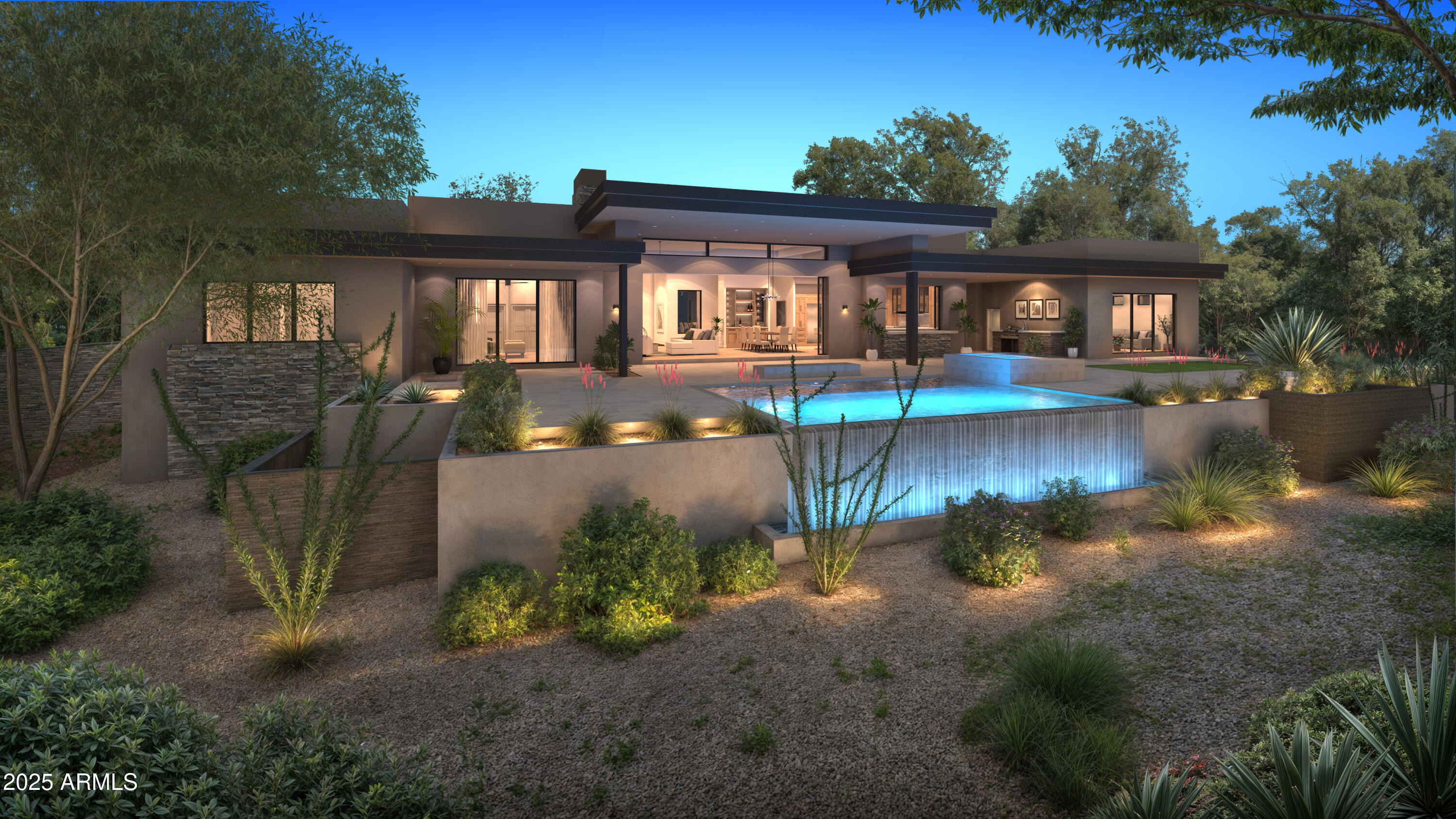 Within the prestigious guard-gated community of Eagles Nest in Fountain Hills, this nearly 4,400 sq. ft. architectural masterpiece redefines modern desert living. The main residence features 3 spacious en suite bedrooms plus an office/den. Also included is a detached cabana—a versatile studio space ideal for a guest retreat, private home gym, or creative haven.
Designed with no expense spared, this home caters to the most discerning tastes. From the chef's kitchen equipped with top-of-the-line Wolf, Sub-Zero, and Cove appliances to the elegant quartzite and porcelain finishes throughout, every detail exudes sophistication. The interiors seamlessly blend with the outdoors, where you'll find a breathtaking negative-edge pool, raised spa, and a gas fire feature- all set against the backdrop of sweeping panoramic views from Four Peaks and the Verde River to the Superstitions and the World-Famous Fountain.
The luxurious primary suite offers a true sanctuary with a built-in fireplace, spa-like bathroom, and Saxony beverage center. Smart home technology, spray foam insulation, and energy-efficient systems elevate the home's functionality while maintaining eco-conscious comfort.
Eagles Nest offers the ultimate blend of privacy, natural beauty, and exclusivity. With completion estimated for August 2025, this home is an unparalleled opportunity to own a piece of desert perfection.
