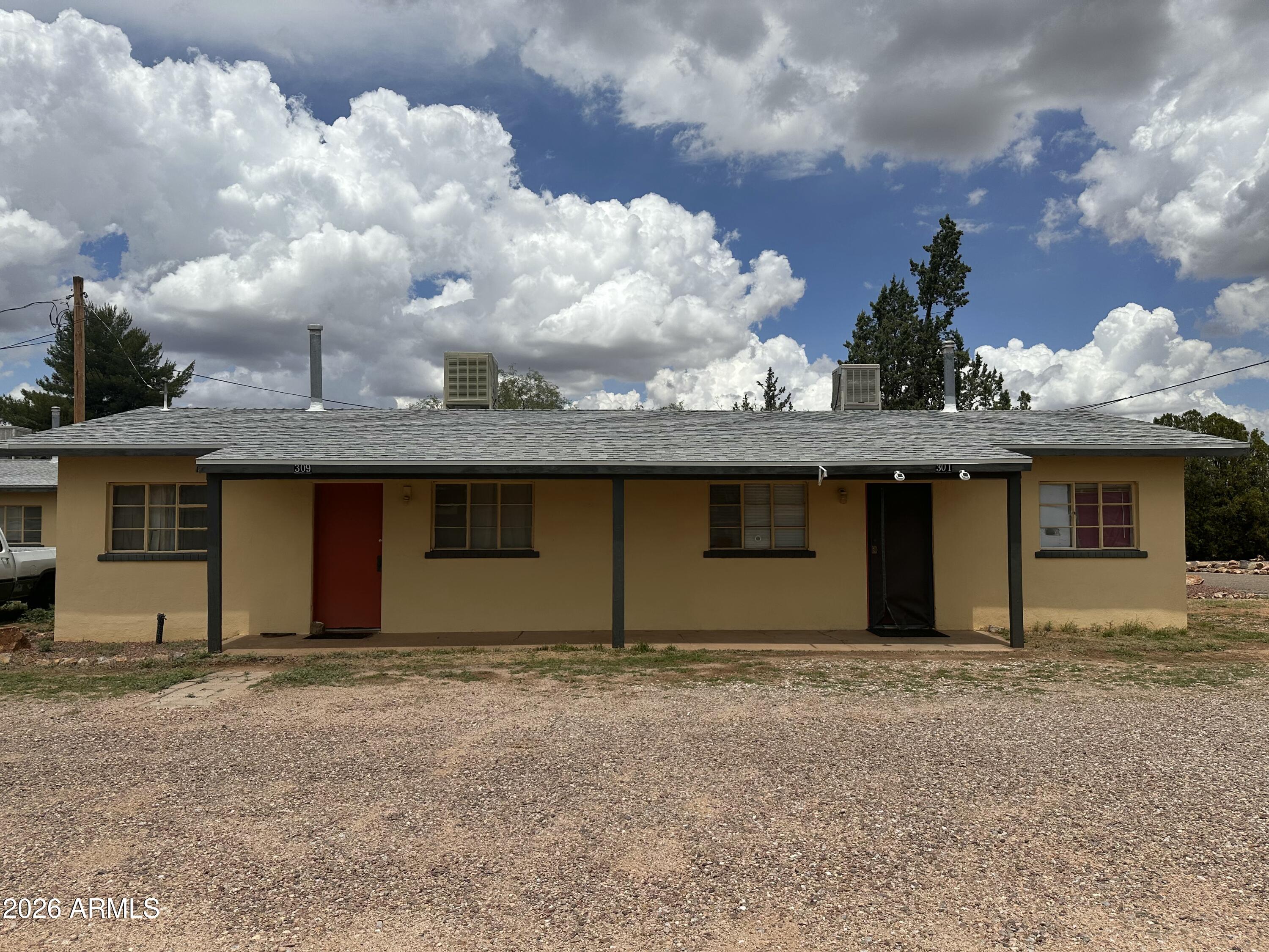 Excellent investment opportunity in Sierra Vista's West End! Three duplexes on a 2/3-acre lot near Ft. Huachuca's main gate. Property includes six 1-bed/1-bath units, approx. 650 sq.ft. each, CBS construction. Features gas heating/cooking, evap cooling, city water, front/rear covered porches, and private off-street parking. Total under-roof: 3,900 sq.ft. Fully occupied with tenants on 6-month leases. Recent gas line upgrades, all coolers serviced, desert landscaping maintained. Quiet area next to Soldier Park. No-pets policy in place. Priced at $450,000 ($115/sq.ft.)!