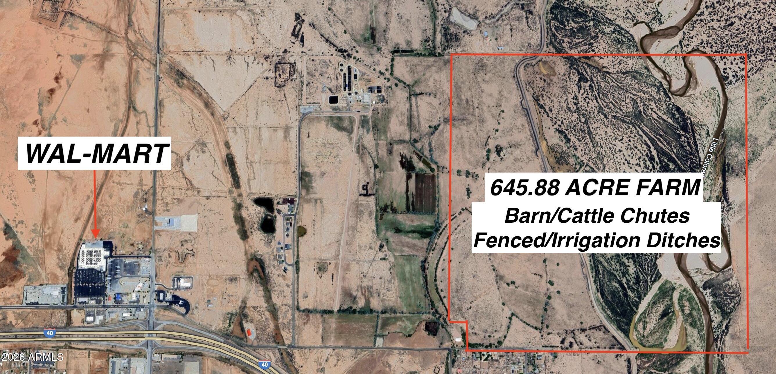 645.888 ACRE FARM WITH BARN, CATTLE CHUTES AND CITY WATER.  HERDS OF ELK COME TO THIS PROPERTY EVERY SEASON.  YES,  YOU CAN HUNT ON THIS PROPERTY. THIS FARM IS APPROX. 1.1 MILES AS THE CROW FLIES FROM THE WINSLOW WALMART.  ALFALFA FOR YOUR CATTLE.  WATER TABLE IS APPROX 20' DEEP.  PROPERTY HAS LEVEE RUNNING THROUGH IT FOR FLOOD CONTROL.  SUBJECT HAS APPROX 300+/- ACRES IN THE LITTLE COLORADO RIVER.  PROPERTY BORDERS LITTLE COLORADO RIVER ON EAST, RUNNING NORTH & SOUTH THROUGH SECTION 17. HIMOLOVI RUINS BORDERS EAST PROPERTY BOUNDARY.