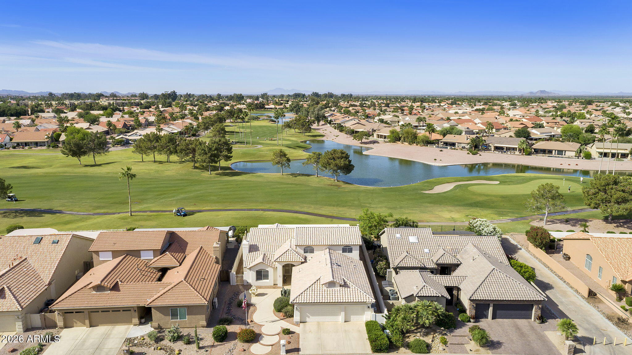 Spectacular golf, water and mountain views in this truly one-of-a kind 4BR, 4.5BA plus office Galleria model with a pool on the golf course in the highly desirable active adult community of Oakwood at Sun Lakes. Double doors greet you as you enter the light-filled great room with soaring ceilings and a gas fireplace. Bright kitchen with golf views, lots of cabinets and stone counters. Family room off the kitchen with entertainment wall and sliders to the fully covered south-facing patio. Heated pool with spa and water feature. Spacious primary suite with oversized his and hers walk-in closets and full bath with walk-in shower and dual sinks. All three guest suites include their own ensuite bathroom for maximum guest privacy. New roof in 2019, full 3 car garage. SEE MORE IronOaks has so many amenities including 45 holes of golf, tennis, pickleball, pools, fitness, restaurants, and countless clubs and activities.