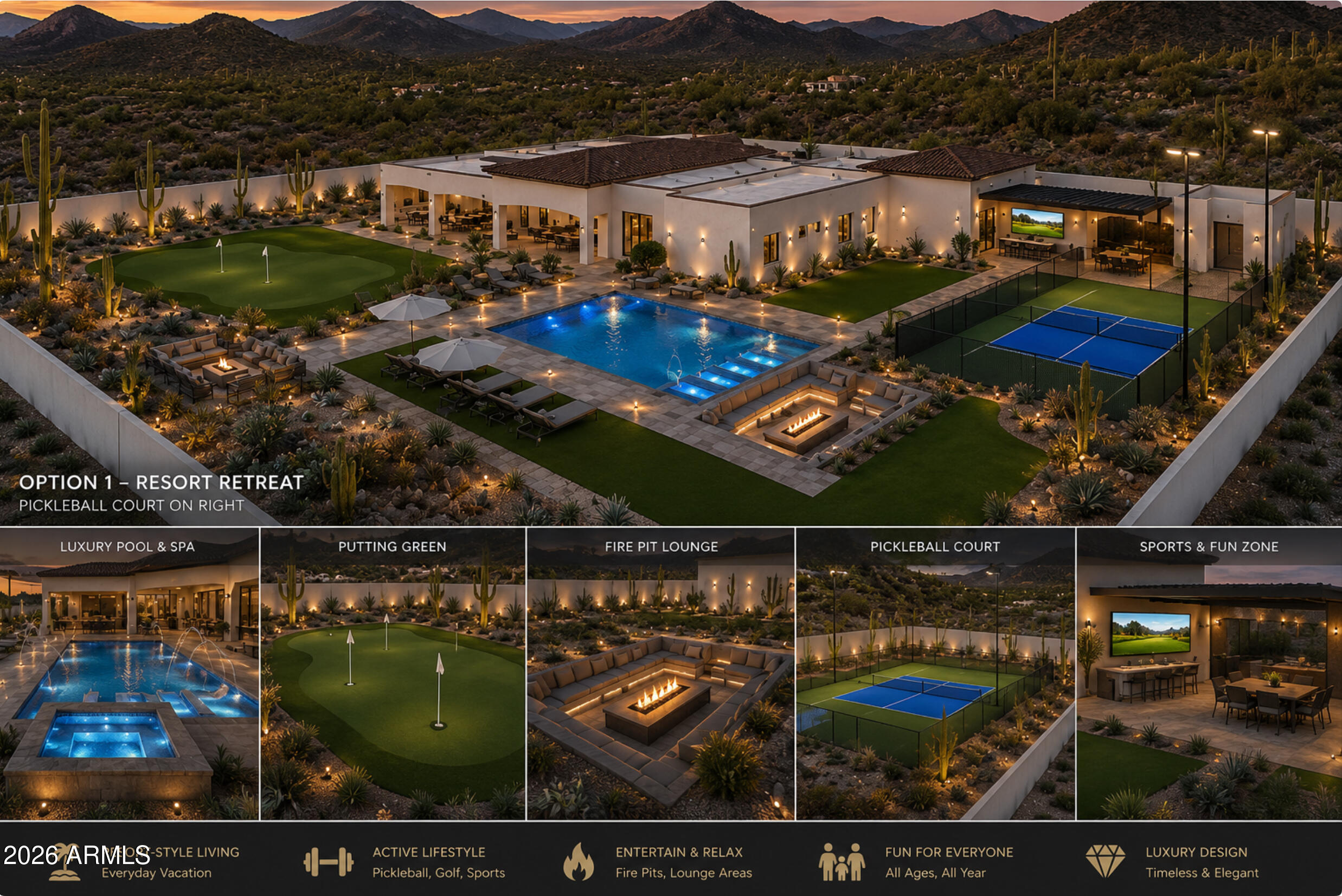 Brand-new Modern Mediterranean estate featuring an oversized RV garage!  Create a custom outdoor resort with pool, spa, pickleball court, putting green, and personalized landscaping utilizing a $200,000 Backyard Allowance. Set on 1.6 private acres with breathtaking mountain views and spectacular Arizona sunsets, the residence showcases custom luxury finishes throughout, including solid white oak flooring, designer tile, custom Alder cabinetry, dual oversized kitchen islands, and a professional-grade Sub-Zero/Wolf appliance package. A seamless blend of sophistication, craftsmanship, privacy, and functionality. Everything about this home exudes luxury and sophistication! You will be so impressed with the attention to detail and quality finishes! Turn your dream backyard into a reality!