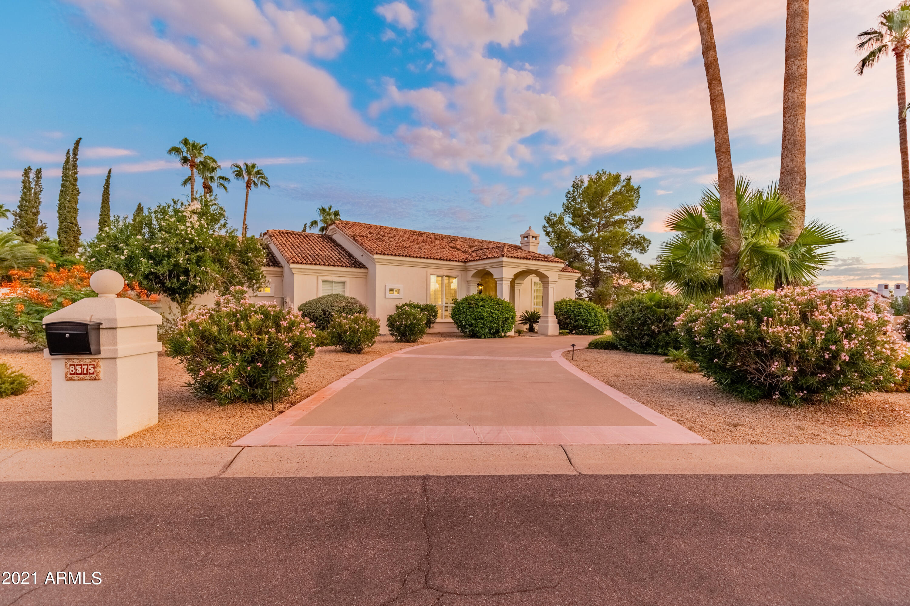 Step into this fully renovated furnished desert escape positioned on a corner lot with a large circular drive. This split open floor plan features 4+ bedrooms, 4.5 baths. As you walk in you are welcomed by vaulted ceilings and picturesque views of the resort-style backyard. Sophisticated decor throughout. Large designer kitchen featuring walk in pantry opens to the family room which is great for all to gather. Spectacular outdoor spaces cater to all ages. Seller spared no expense including new air conditioning units and solar panels.