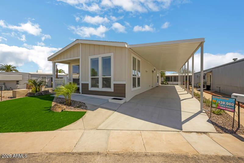 ON LEASED LAND, This beautiful 2024-built manufactured home in a 55+ gated resort-style community! This 3-bedroom, 2-bath home features a modern open layout with a fenced in yard and covered patio. Enjoy amenities including a pool and spa, pickleball courts, and a dog park, with a new recreation center coming May 2026.