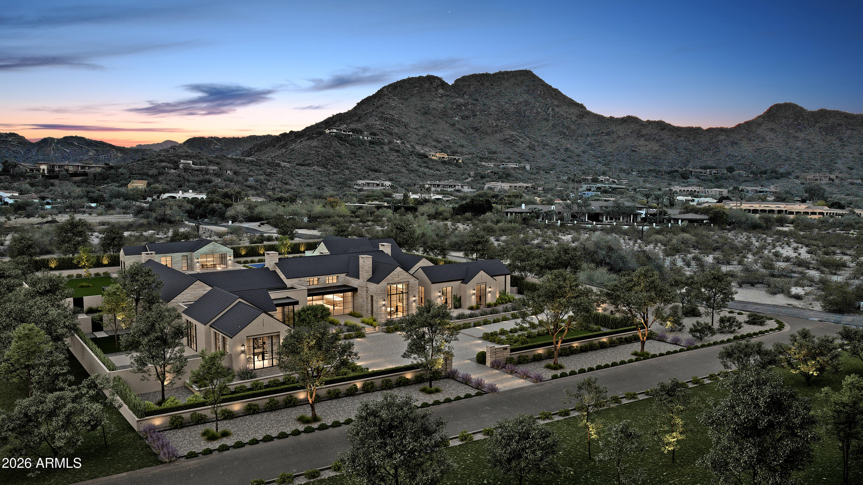 Under construction (est. completion Fall '25) in the exclusive neighborhood of Silver Sky, Nova is an 11,832 sqft, 6 bed, 10 bath, 5-car estate receiving national accolades, winning the Best in American Living Award, this expansive estate blends classic European charm with modern design and luxury. Privately gated entrance opens to an large courtyard providing a full view of this captivating home. Boasting floor-to-ceiling windows with thin sightlines and a natural stone façade, the home exudes a classic European charm. The outdoor oasis wraps into the backyard showcasing a resort-like pool and spa, outdoor kitchen, separate 985 sq/ft casita, and a regulation-size pickleball court, with lush landscaping designed by Jeff Berghoff. The 10,855 sqft main home features a butler's kitchen, lounge with wine room, and indoor./outdoor bar, two offices, and an expansive master wing with an indoor/outdoor gym, a spa treatment area with a cold plunge, a sauna, and a steam room. The interiors maintain a timeless approach using soft, natural stone and wood tones while tying in cutting-edge technology and modern features an award-winning design by Holly Wright Designs. The home boasts Wolf and Sub-Zero appliances, wide-plank European white oak flooring, and exquisite millwork complemented by stone accents throughout. Every detail has been meticulously curated, including lighting specifications and design elements crafted by award-winning designer Walter Spitz. Nestled among 11 other brand-new, award-winning estates, Nova is due to finish construction early of 2026 and highlights the pinnacle of homes located in the exclusive Silver Sky community. A community consisting of privately gated, single-level estates with a minimum of 6000 sqft ensuring endless views, privacy, and the unparalleled size and sophistication of a luxury new community. Live among legends and join an exclusive group of discerning buyers who cherish the finer things in life.