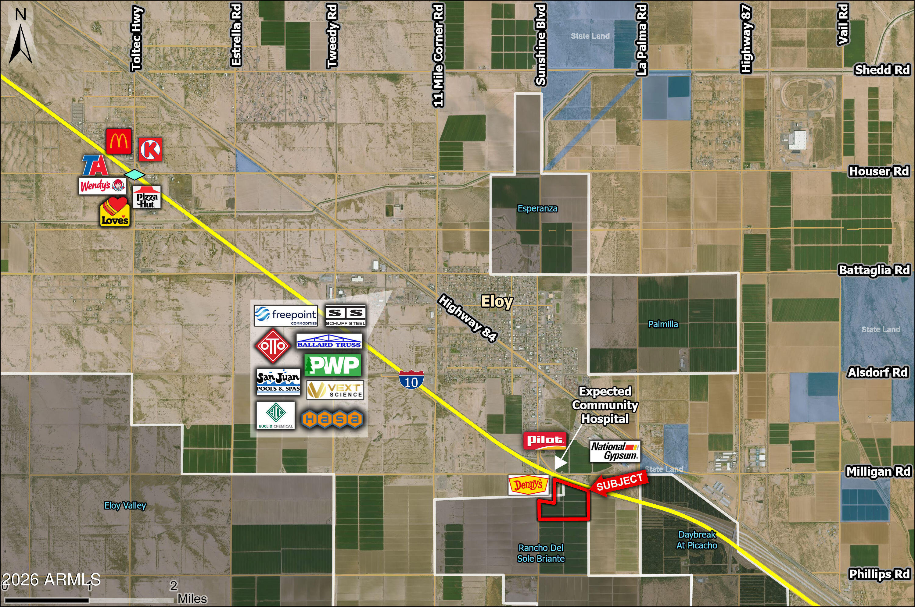 Property is located just south of I-10 along Sunshine Boulevard. Property has over 1,900 feet of frontage along I-10 and 950 feet of frontage along Sunshine Blvd. Water and Sewer are less than 500 feet from the property line. Submit all offers.