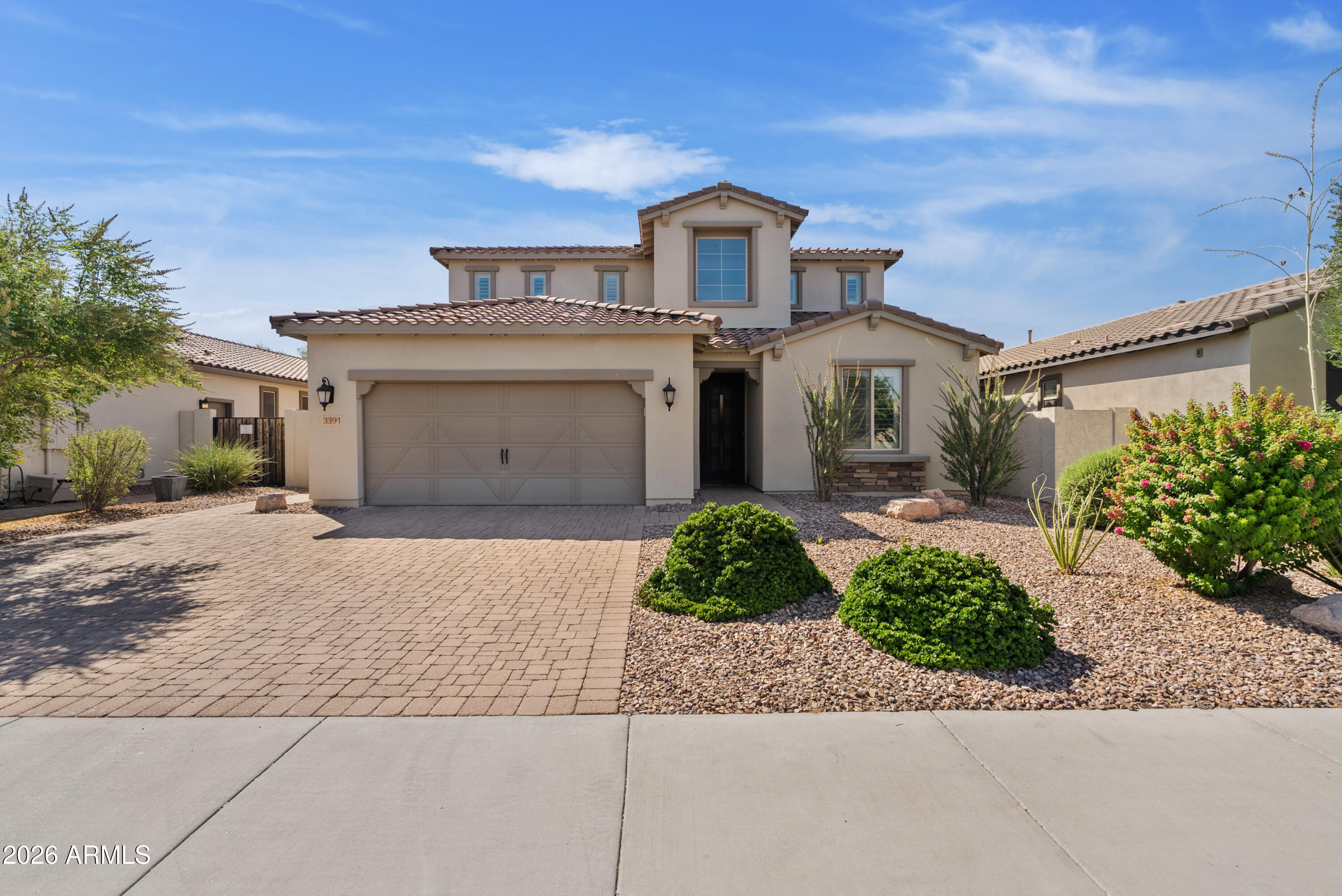 No Neighbors Behind, Mountain Views, and Room for the Whole Crew! This Marbella Vineyards home sits on one of the best lots in the neighborhood, nothing but sky and mountain behind you, and Gilbert Regional Park close enough to be part of your routine, not a drive you plan for. Step inside to a layout built for real life: 2 bedrooms and a DEN downstairs, 3 bedrooms upstairs including the primary suite, plus a LOFT for whatever comes next. Solid surface flooring runs through the main level. Out back you've got a POOL, an ABOVE-GROUND SPA, mature FRUIT TREES, and a GARDEN. OWNED SOLAR keeps the AC running all summer, and a hardwired FIRE SPRINKLER SYSTEM means you can relax while it does. Add an extended paver driveway and a security screen front door, and this one's ready to move in! System Updates & Property Chronology:
Interior:
New paint and new carpet installed (July 2026). Move in without a single project waiting for you.
Exterior Coating:
RhinoShield exterior coating (November 2021).
Pool and Spa:
Shasta Pool (2016).
Southwest Spas and Pools (2016)
Solar:
Owned solar system (7.85 Kw). No lease, no payment, just power!
Location:
Minutes from Gilbert Regional Park's trails, splash pad, and dog park. Quick access to shopping, dining and the 202.