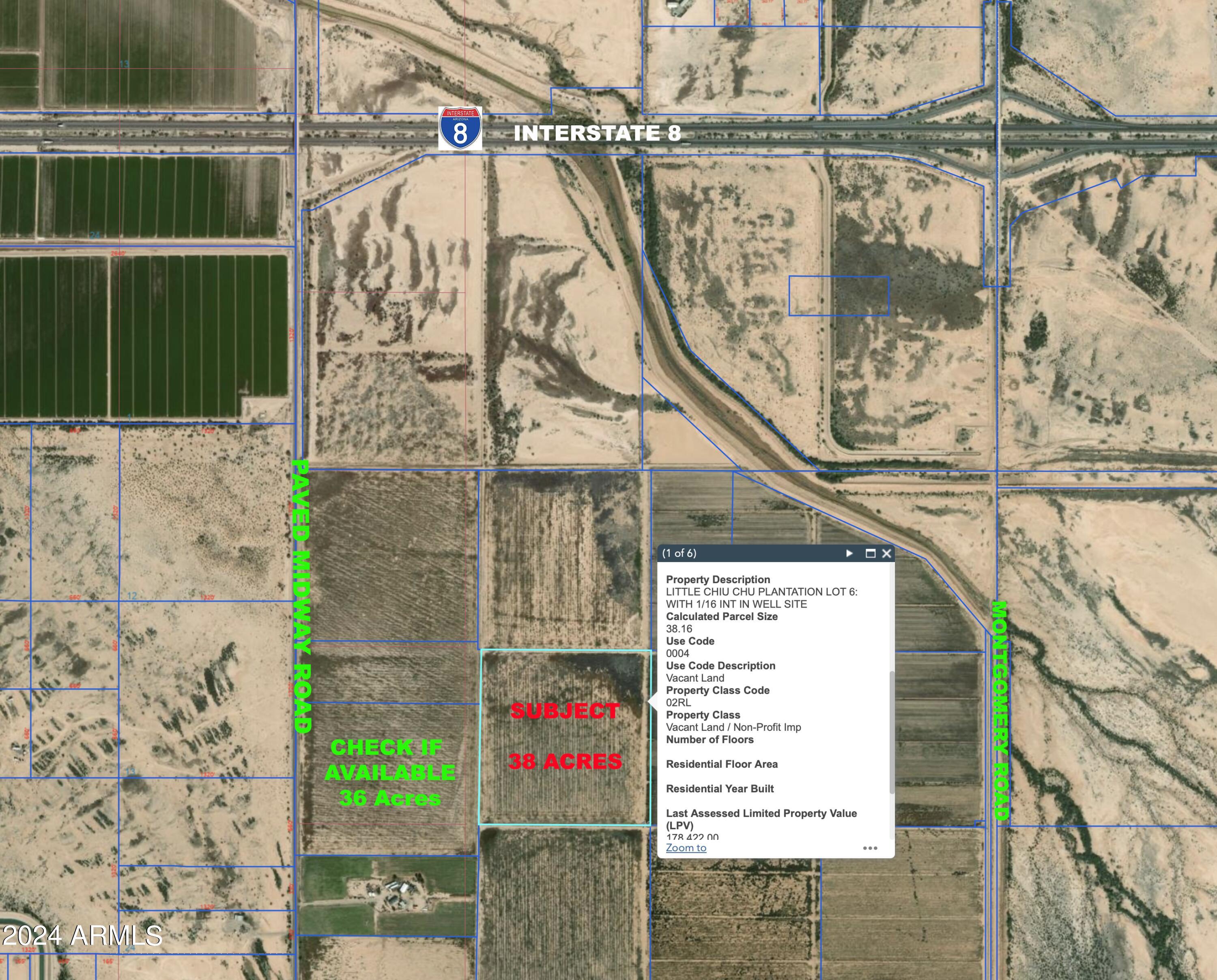THIS IS A VERY CLEAN, FLAT, PREVIOUSLY FARMED PARCEL OF 38 ACRES JUST OFF PAVED MIDWAY ROAD, LOCATED 1 MILE SOUTH OF INTERSTATE 8.  PROPERTY HAS IRRIGATION WATER RIGHTS, AND A 1/16TH INTEREST IN A MASSIVE IRRIGATION WELL.  ELECTRICITY IS CLOSE.  ATTESA MOTORSPORTS COMPLEX UNDERWAY JUST 2 MILES TO THE EAST.  LUCID MOTORS AND TRACTOR SUPPLY LOCATED JUST 10 MILES FROM PROPERTY. SELLER MAY CARRY WITH THE RIGHT OFFER.  PHOTOS COMING SOON!