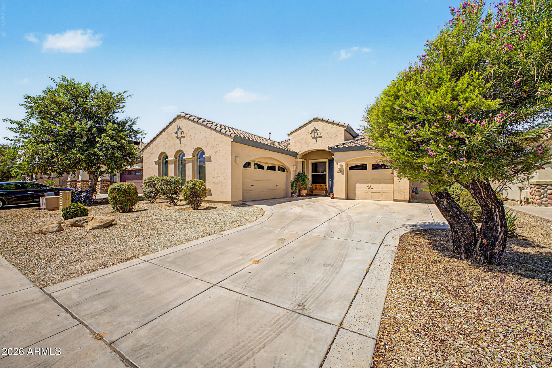 You'll LOVE this beautiful, spacious home in Palm Valley! Providing 3 beds, 2 baths, split 3-car garage, & a manicured landscape. The fabulous interior boasts a welcoming foyer, tall ceilings, tons of natural light, designer palette, and tile & wood-look flooring t/out. The seamlessly flowing open layout is sure to impress! The kitchen boasts built-in appliances, granite counters, recessed lighting, travertine tile flooring, ample wood cabinetry, a walk-in pantry, and a butcherblock island w/breakfast bar. For added functionality, this has a carpeted bonus room, plus a double-door den & open den! Main bedroom offers an ensuite with dual vessel sinks, tiled shower, & a walk-in closet. Enjoy the backyard with a covered patio, artificial turf, and a built-in BBQ grill & seating bar! Just WOW! The single car garage was turned into a bedroom before the sellers moved in.