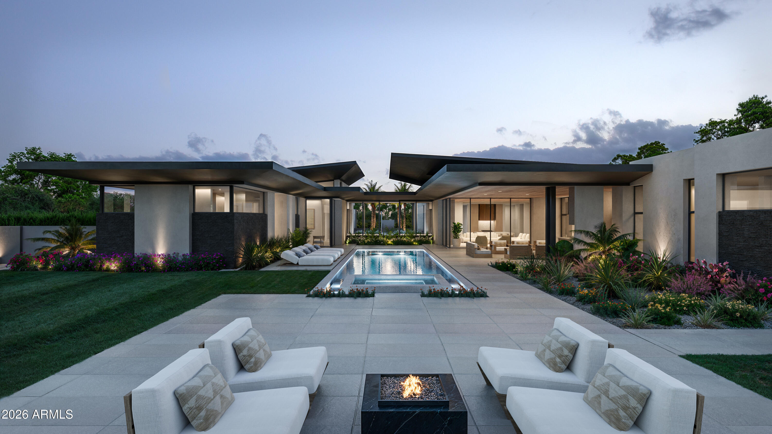 AUGUST COMPLETION | Experience a private modern retreat in the heart of Paradise Valley with iconic architecture by Drewett Works and quality construction by renowned BedBrock Developers. This single-level contemporary residence features a 6-car garage available for lifts, 12-foot ceilings throughout, hand-selected materials, and a seamless indoor-outdoor flow built around a stunning 50ft pool and spa.
 
The floor plan offers 4 en-suite bedrooms, a dedicated office, a flex space, and an entertainer's kitchen paired with a refined formal dining room - each showcasing BedBrock's renowned attention to detail. A beautifully finished 1-bedroom casita enhances guest accommodations, while dramatic architecture and luxury finishes define every space. List of upgrades and specs available.