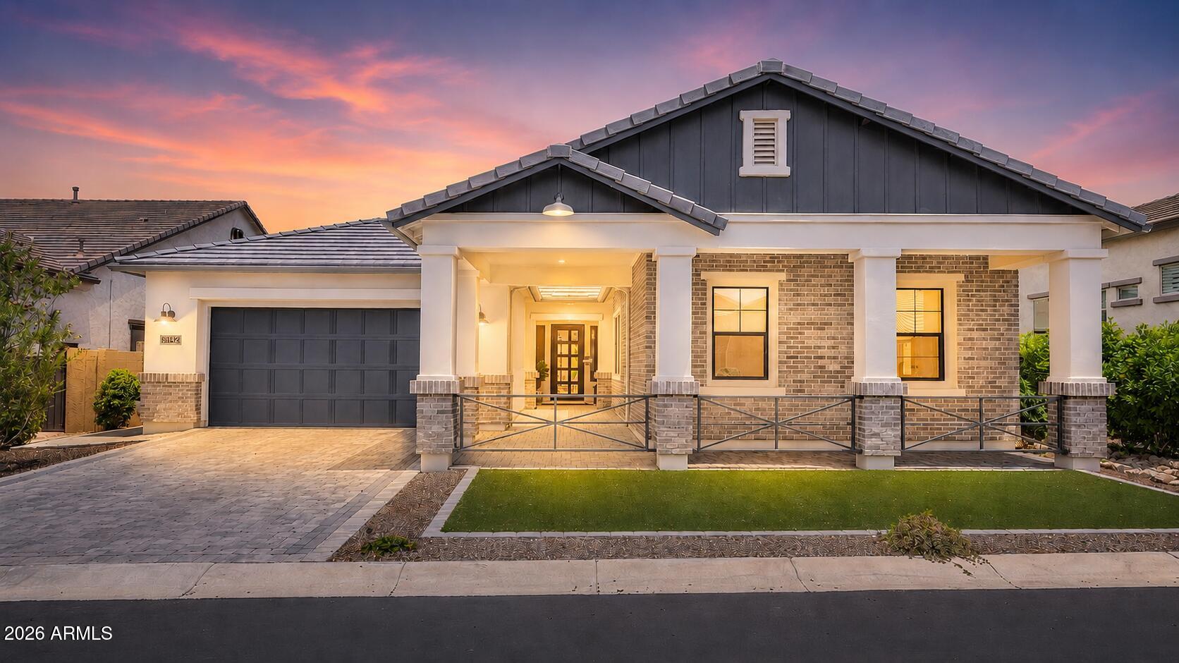Luxury living meets recreation in this beautifully upgraded 4 bed, 3 bath home in the gated community of Monteluna. Soaring ceilings, abundant natural light, wood-look tile flooring, and an open-concept design lead to a chef's kitchen with quartz countertops, premium stainless appliances, gas cooktop, oversized island, and walk-in pantry. Expansive sliding glass doors open fully to an incredible backyard featuring an extended covered pergola, extended-height privacy wall, training sport court or outdoor entertaining, and five producing citrus trees. Split floor plan with flexible living space, owned water softener, reverse osmosis system, EV charger, and access to community parks, pickleball courts, walking trails & playgrounds. All just minutes from Usery Mountain, the Salt River, Saguaro Lake, Loop 202, shopping, and dining.