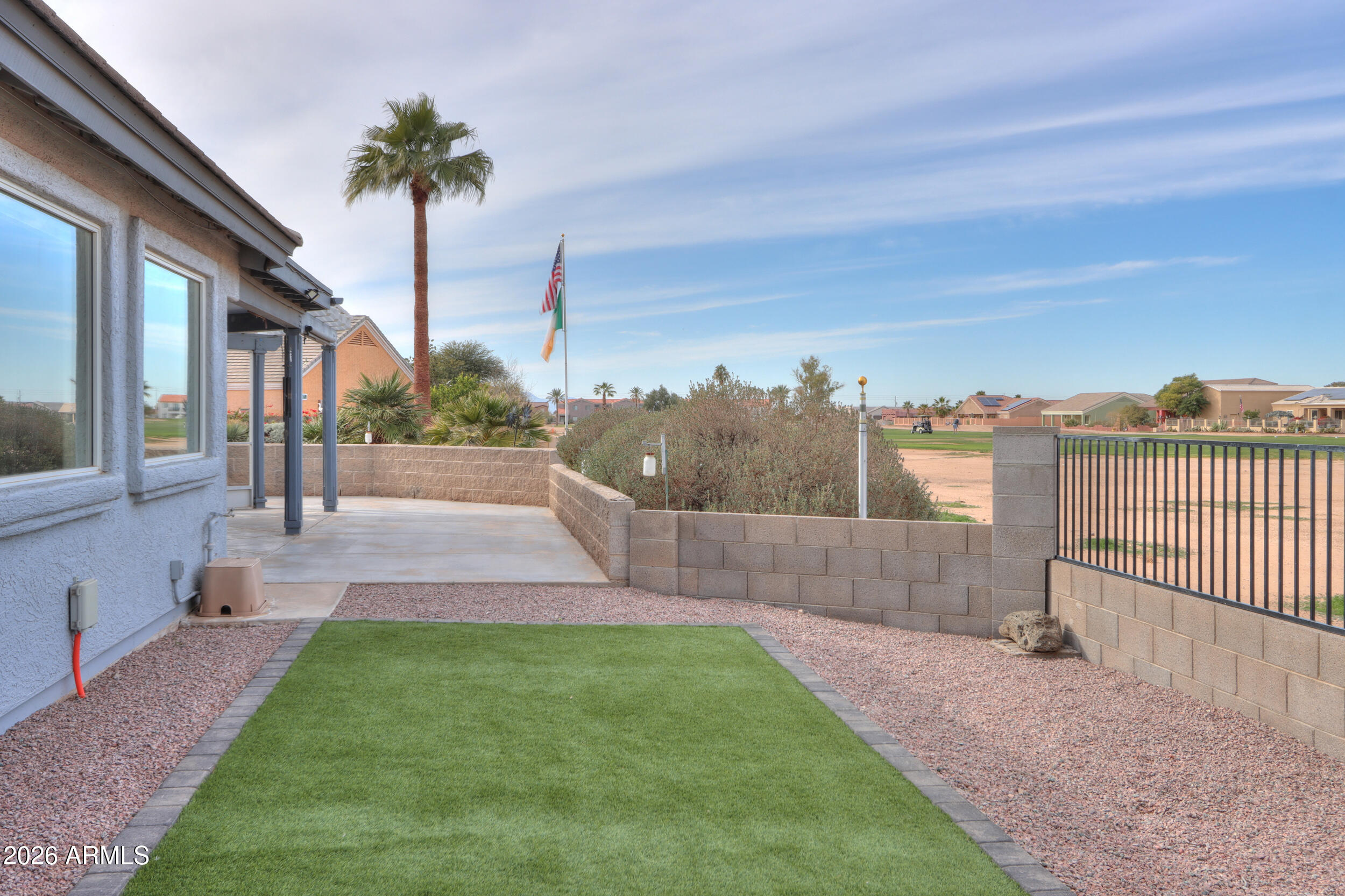 REDUCED PRICE- Experience Golf Course Living in this approx 2,643 sq. ft. split-floorplan. Situated on a large 15,000+ sq. ft. cul-de-sac lot, this home offers no neighbors behind, no HOA & unobstructed sunset views. This residence features 2 primary suites among its 4 bedrooms & 3 baths. The large open kitchen has Corian counters, gas stove, island & breakfast bar. Recent upgrades include fresh paint, new lighting, hardware & ceiling fans, along w/ bathroom refreshes. Outdoor living continues w/ an extended covered patio, new pavers & turf And hobby or car enthusiasts will love the oversized ext length 3-car garage w/ mini-split, workspace, storage room w/floor safe. There's also security doors, extended concrete driveway, leased solar & 50-amp generator outlet.