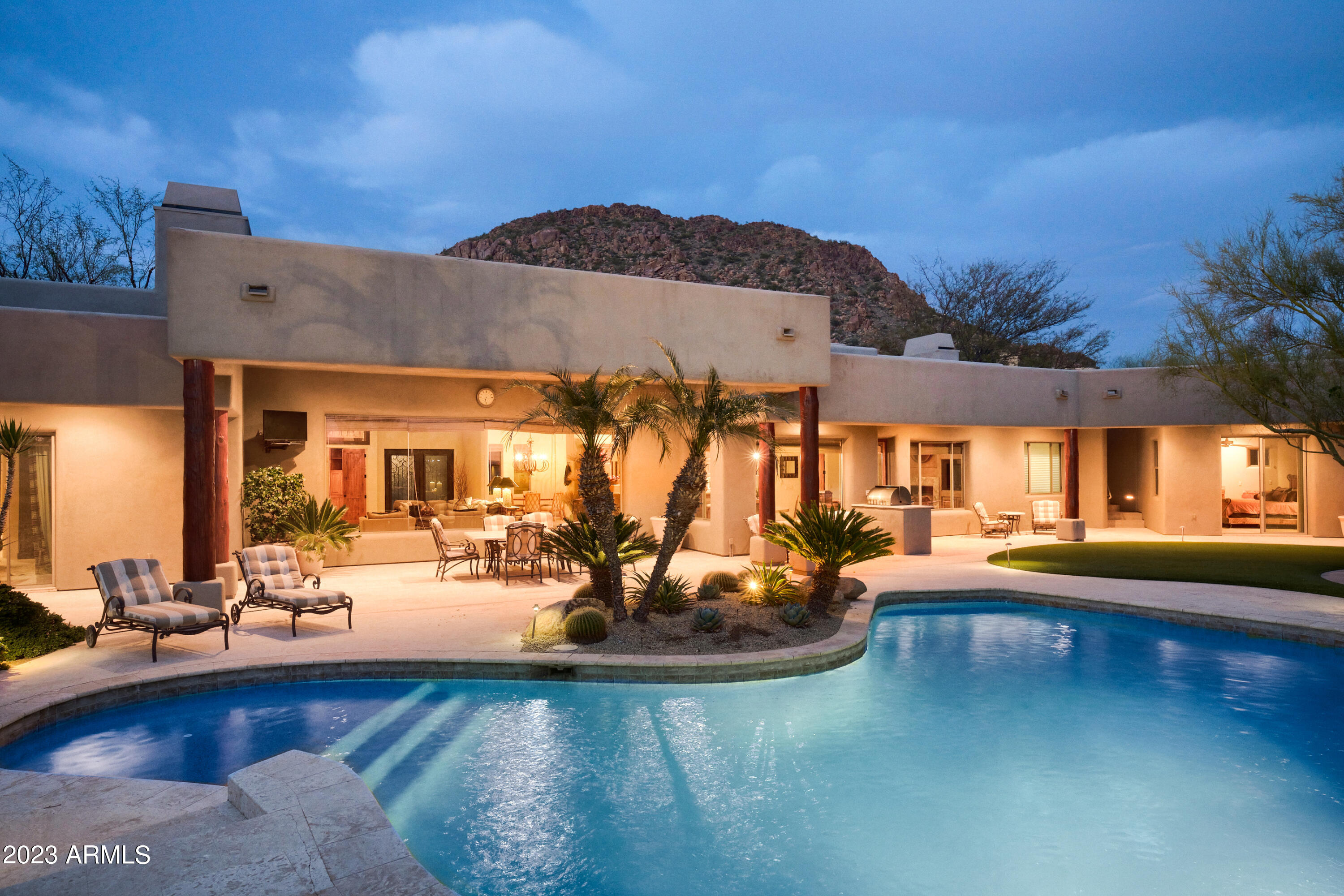 IMMEDIATE GOLF MEMBERSHIP AT CLOSE OF ESCROW.  Cul-de-sac corner lot with private entry.  Great room floorplan, private master suite, 2 guest bedrooms in the main house with ensuite bathrooms + guest casita, 2 offices + upstairs bonus room.  Gourmet kitchen, granite countertops, knotty alder cabinets. Resort like backyard with expansive covered patio, pebble tec pool and spa, built-in BBQ and beautiful sunset views as a backdrop. Desert Highlands, ranked as a top 100 club by Platinum Clubs of the World, offers world class amenities include a Jack Nicklaus championship golf course, 18-hole putting course, award winning clubhouse featuring Jack's Gastrupub and Jack's Backyard, Highlands Racquet Club offering grass and clay tennis courts + pickleball courts, state of the art fitness center. A $95,000 membership fee is due from buyer at close of escrow.