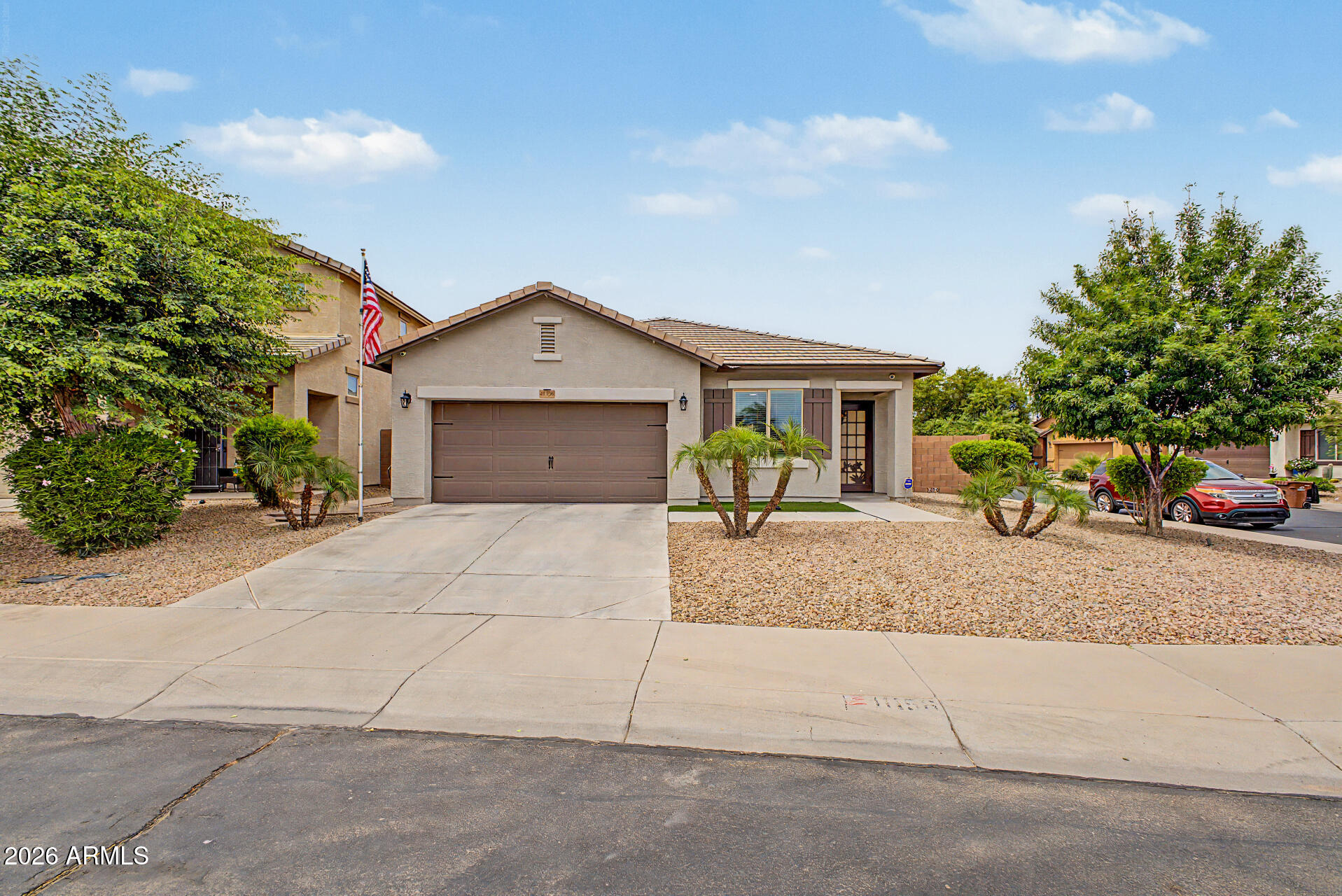 Welcome to Glennwilde Groves! Popular open & bright floor plan, single-level home on a premium oversize corner lot. Nearly 1,900 sq. ft. w/ 3 bedrooms plus a flex space-perfect for a home office or playroom (easy 4br conversion). Enjoy upgraded plank tile flooring throughout, stainless appliances (included), and granite countertops. Step outside to your own year-round low maintenance oasis. Over $50k invested in thoughtful backyard upgrades; including multiple pergolas with misting systems and lights, custom paver/tile work, oversized gorgeous putting green, mature landscaping & built-in shed. 2 community pools, nearby sports fields, catch & release lake and several open green belts. Bring your most demanding buyers. Epitome of 'turn key'. Squeaky clean and must see to appreciate! " Recently painted interior and exterior
" Updated tile flooring throughout the home
" Open floor plan
" Granite kitchen countertops
" Slate color appliances
" Modern washer & dryer
" Bright, clean, move-in ready
" Master bed closet updated
" Epoxy-coated garage floors
" Painted garage interior
" Overhead garage storage racks for added organization
" Newly installed backyard misting system with fans
" Backyard brick/privacy wall freshly painted
" Upgraded side gate
" Low-maintenance backyard with entertaining space
" Pergolas and gazebo for outdoor living areas
" Detached storage/shop 10x12