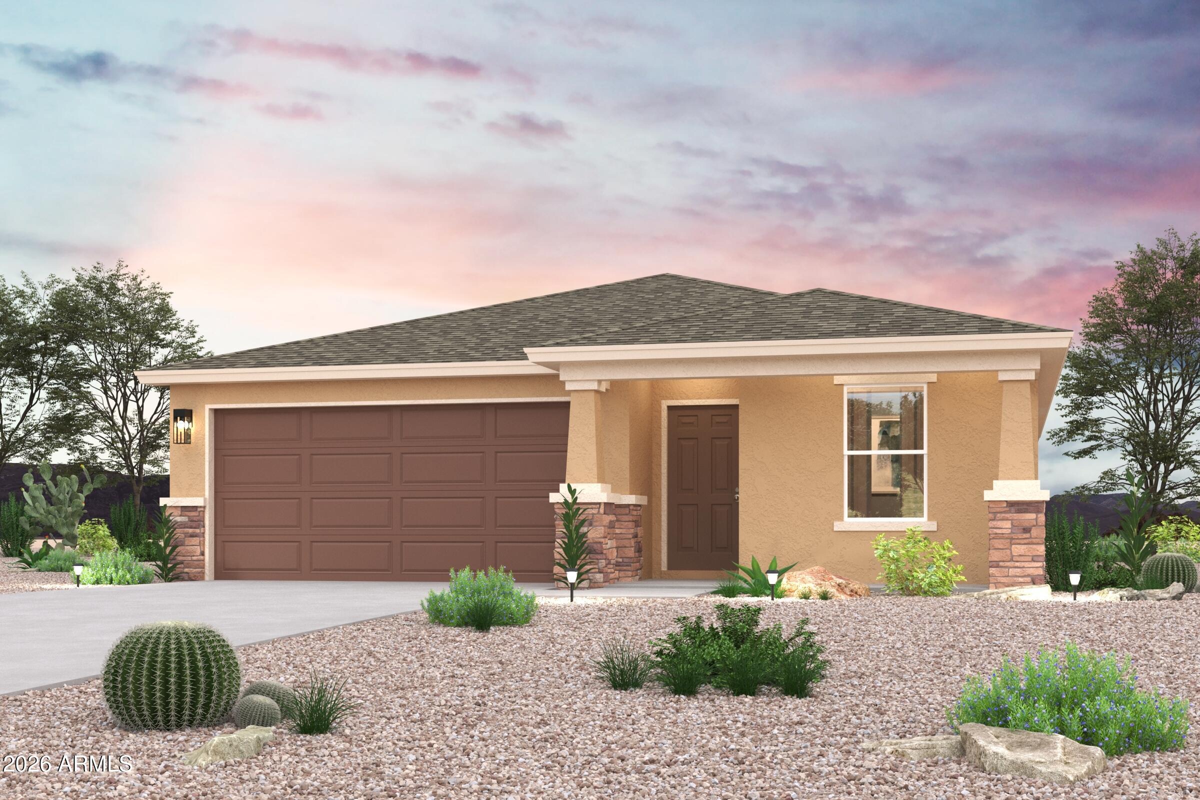 Step into your new home located in the highly sought-after Bisbee Ranch. The Alamar Plan features a open-concept design, seamlessly connecting the Living, Dining, and Kitchen areas--perfect for relaxation and entertaining. Natural light fills the home through low-E insulated dual-pane windows, highlighting elegant Shaker cabinets, granite countertops, and stainless steel LG appliances. Retreat to the expansive primary suite with a private bath, dual vanity sinks, and a generous walk-in closet. This home also includes two additional well-appointed bedrooms. There also a covered patio. Amenities Bank Make this beautiful home yours!