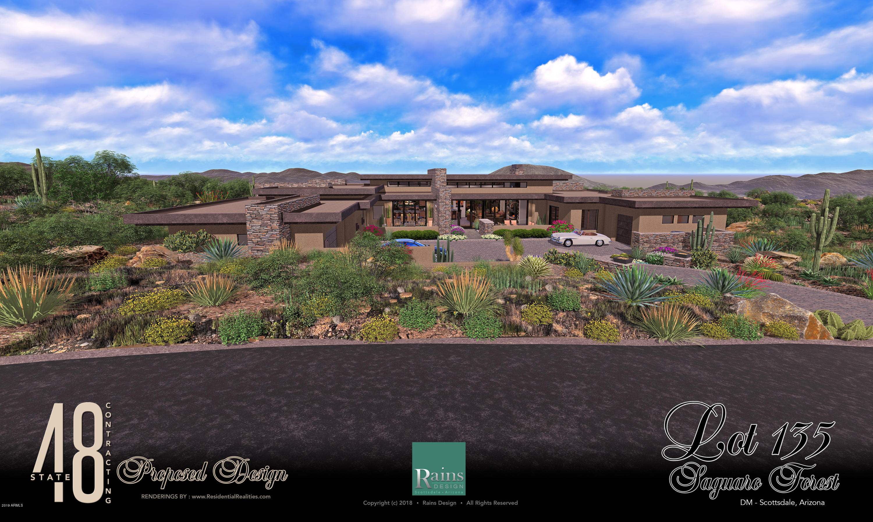 Stunning Desert Contemporary designed by Rains Design Group and under construction by State 48 Contracting located on the 9th Fairway of the Chiricahua Golf Course. Framing to start mid march. Single level, with great room plan, abundant stone, metal and glass. Four car garage, 2 room casita, 2 offices, 4 bedrooms. Patios designed for entertaining while enjoying golf, city, sunset and mountain views. Plenty of time to select your own finishes.