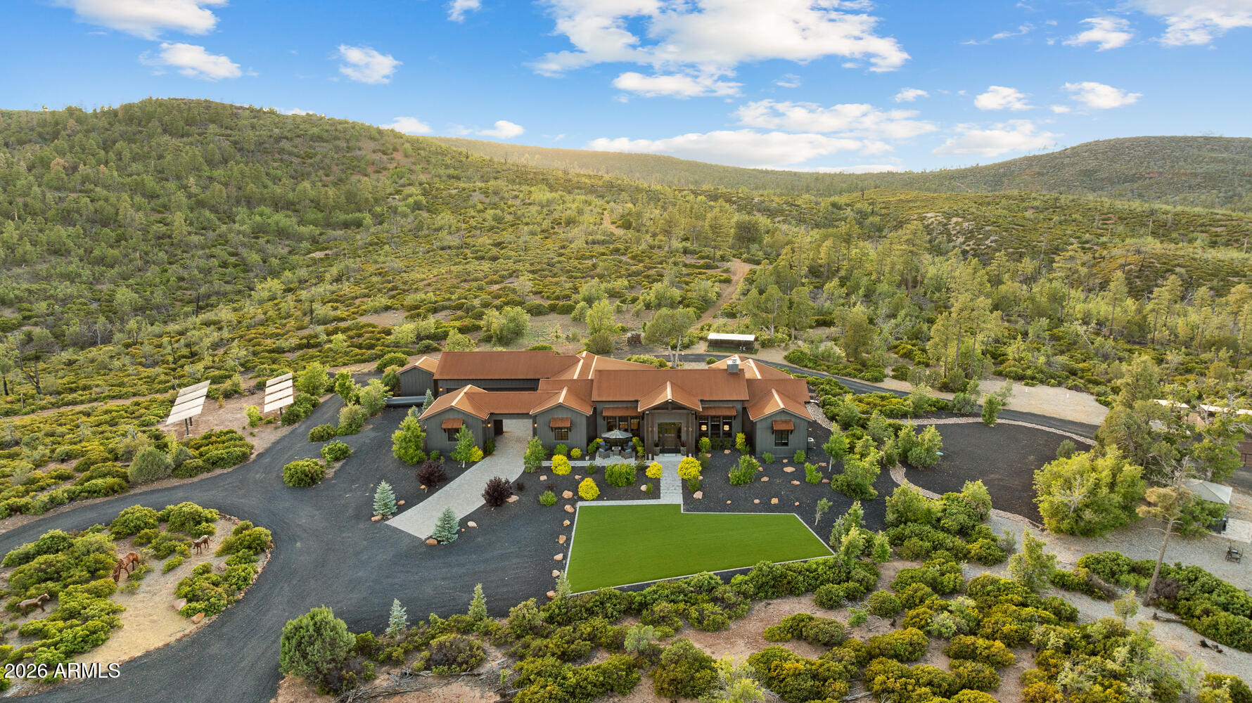 An ''Unrivaled Luxury Mountain Home'' in the heart of the White Mountains.  RECENT APPRAISAL AT $4.1M! CONVEYS COMPLETELY FURNISHED.

Spanning more than 25.25  pristine completely fenced acres surrounded by National Forest with breathtaking panoramic views!  Offers complete privacy, unmatched self-sufficiency & private remote electric gated entrances. Truly a one-of-a-kind Estate offering a rare opportunity for private/secluded luxury living, executive retreat ownership, luxury ranch living, or an income-producing property.

Designed to capture the beauty of the surrounding landscape. This resort style estate features expansive view windows, a dramatic wood-burning fireplace, Gourmet Kitchen with massive prep island, high-end gas cooktop, quartz countertops with beautiful backsplash, Butler's pantry, instant hot water, water filtration systems, soft water system, high end wood plank flooring throughout, except in wet areas. Each bathroom is highly upgraded giving you that resort/spa experience. Bonus/Flex Room could be used as a 5th bedroom. Guest suites have a Jack and Jill set up with their own private sinks and share a walk-in shower with custom tile surround.  Primary Suite features nothing  short of Luxury, from the expansive walk-in closest to the large soaking tub with chandelier. Walk in shower with outside view through custom glass and tile surround.  The home is completely self-sustained with an integrated State-Of-the-Art solar power system and new battery infrastructure with hard wired back up generator delivering true energy independence. On top of all this, this one of a kind home boasts your own private well that has tapped into the Coconino aquifer, one of best in all of Arizona! 

Designed for a relaxed or active Lifestyle, the facilities are exceptional and thoughtfully planned. 

Amenities include. 
    "    3 acre fenced turnout pasture with automatic watering systems, Bar-Bar brand system for easy care and maintenance, hay feeders and 3 covered double lean-to.
    "    A 60-foot round pen with premium sand footing.  
    "    Grooming/wash/horse farrier bay
    "    Professionally designed 66' x 132' outdoor arena featuring brand-new footing, brand new retractable watering system and brand new arena drag with water tank. 
    "    Additional improvements include a large feed/hay storage building capable of storing several tons of hay, and a separate tack storage building. Both with cabinetry and counters
    "    Two oversized covered stalls with runs and automatic heated waters for each stall. 
    "    The property has high speed internet with Starlink 
    "    Newly constructed outdoor gazebo with breath taking views
    "    Brand New 50' x 60' shop with lean-to and integrated wall-mounted pressure washer to use as a car wash & epoxy floors ideal for car enthusiasts, equipment storage, workshop, or recreational vehicles.  
    "    Multiple drive-through and pull-through access points, expansive turnaround areas, and dual remote electronic gated entrances provide seamless ingress and egress throughout the estate.  All electric gates have keypad with remotes, for added security and privacy when you  pull up to the property that is only accessed with a code 
    "    The private estate road leads you to the beautiful  forestry 300 road, giving you direct access to millions of acres of National Forest, for unlimited fun and adventure. Horseback riding, hiking, mountain biking or off-road vehicles  

Private, remote, and immersed in natural beauty, this extraordinary property offers a rare combination of luxury, sustainability, security, and freedom unlike anything else in the White Mountains. Although you "feel" remote you are only 10 minutes to Torreon Golf Club, 10 minutes to Fools Hollow Lake, 15 minutes to Show Low and 45 minutes to Sunrise Ski Park, this property has it all!  

Private showings available by appointment only. CURRENT APPRAISAL AT $4.1 MILLION for the Primary Residence. Additional properties available. Refer to MLS 261333 491 Fieldy Rd, MLS 261334 539 Fieldy Rd.  Legacy Estate can be purchased separately,  or the entire estate.  See MLS...coming soon!