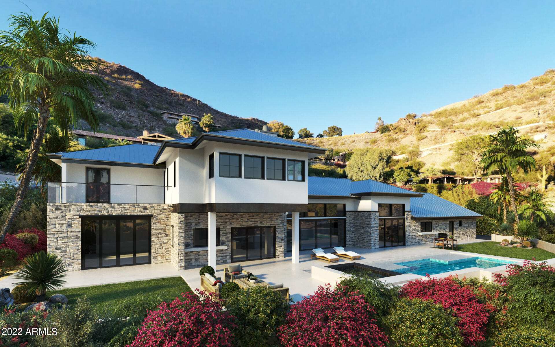 New Construction Modern-Transitional master piece designed by renowned Dwelling Design. This hillside home offers unobstructed views of both city lights and Camelback mountain and is located in the heart of one of the most sought-after manned guard gated neighborhoods in Paradise Valley -  Clearwater Hills. A split floor plan that includes 5 bedrooms, two offices, a game room, a full size bar, stunning kitchen with double islands, a large back kitchen and pantry, a glass walk-in wine room, a mudroom, elevator and more. The private backyard is perfect for families and entertaining with its spectacular pool & elevated spa, large grass area and and outdoor kitchen/barbecue. Also offers a 5-car garage. Every little detail in this home was hand selected. Estimated completion is November 2022