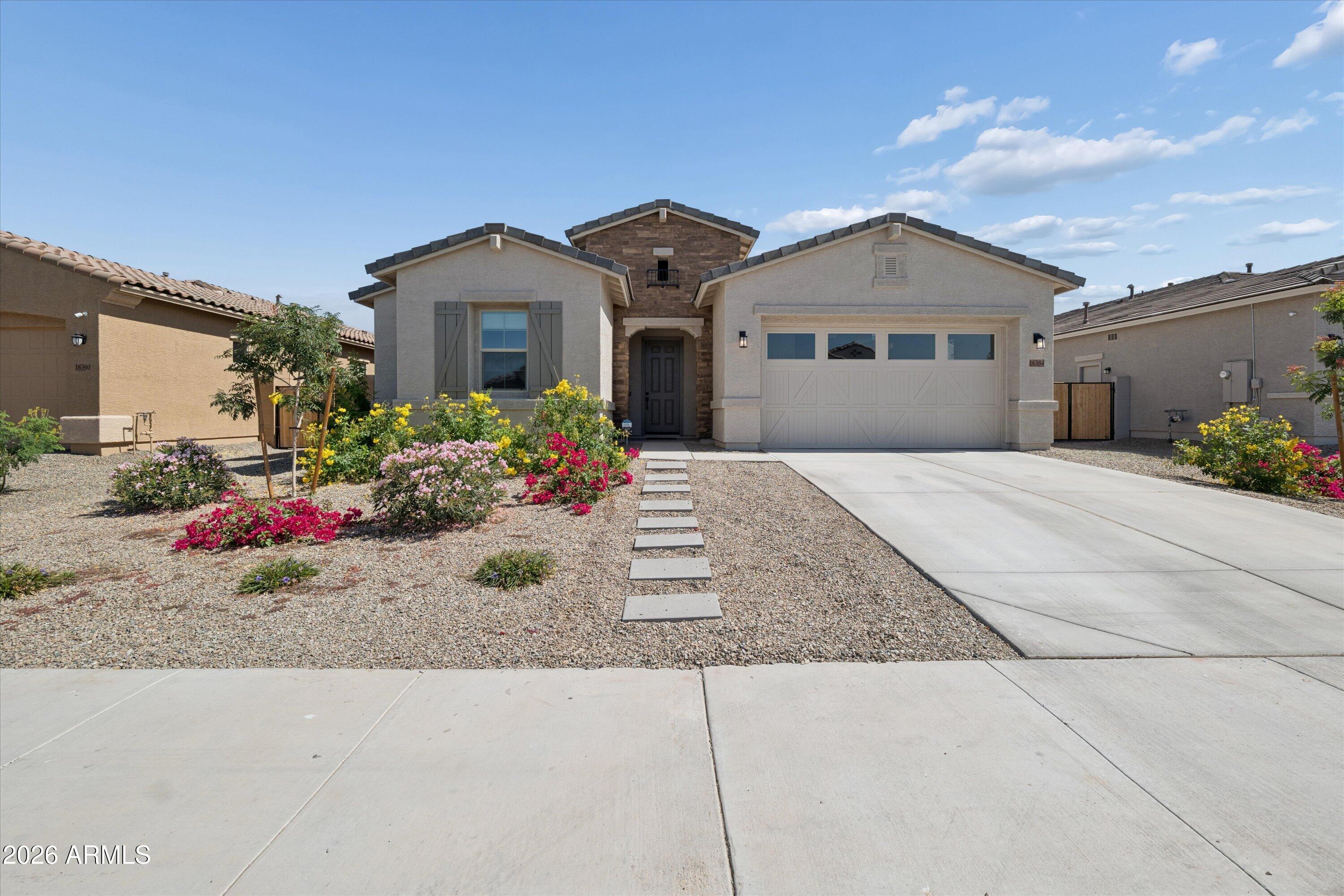 Assumable 3.95% FHA loan available! Welcome to this 2025 beautifully upgraded 3-bedroom, 2-bathroom + den. This French inspired open-concept home features a stunning gourmet kitchen with gas cooktop, custom limewash range hood, oversized kitchen island, and walk-in pantry.
The bright and inviting interior showcases stylish lighting and ceiling fans throughout, tile flooring in the main living areas, plush carpet in the bedrooms, roller shades, and modern designer finishes. The great room is enhanced by a 12-foot slider and an expansive 16-foot slider, creating seamless indoor-outdoor living and filling the home with natural light. The flexible den offers the perfect space for a home office, playroom, or additional living area. 
Step outside to the elegantly designed backyard featuring extended covered patio, limestone pavers, and grill island ready for hosting. 
Additional highlights include a 3-car tandem garage with a universal EV charging port installed.