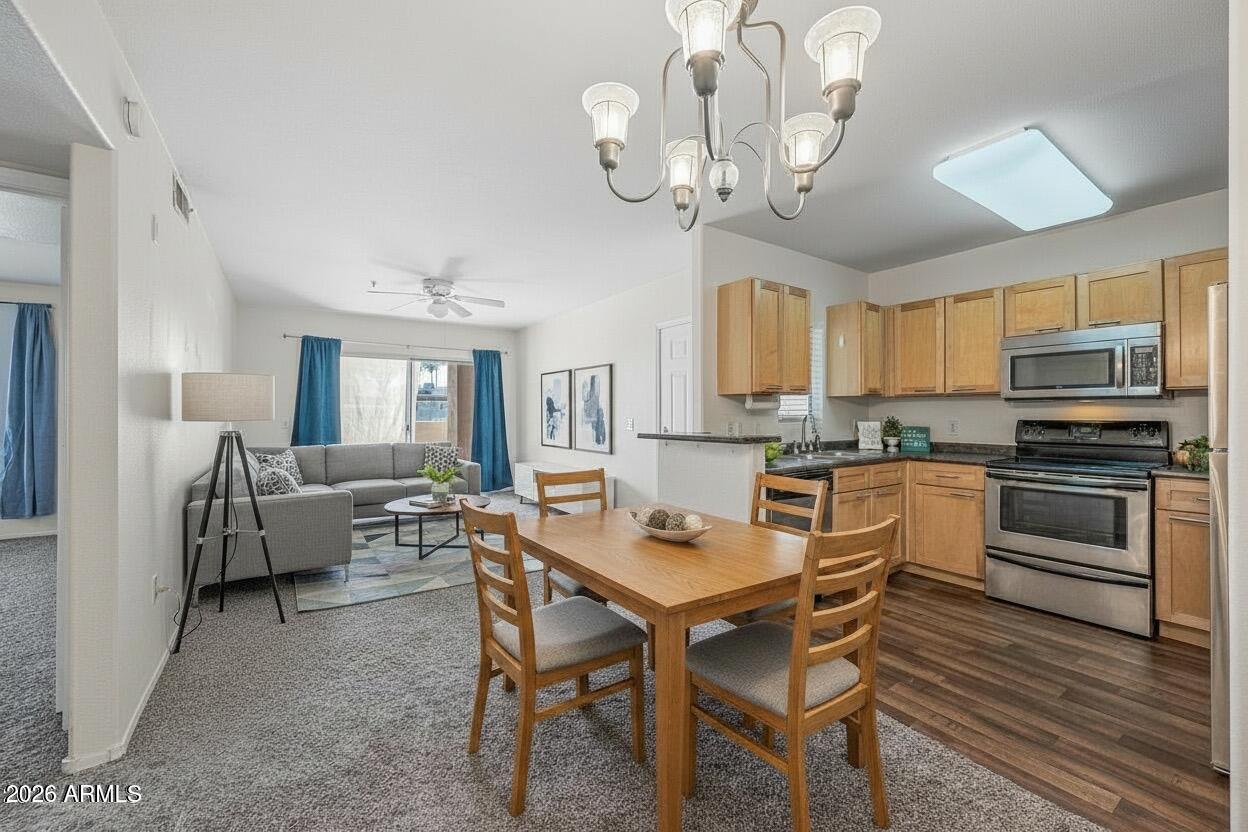 Charming one-bedroom, one-bath ground level condo  located just one mile from the heart of downtown Gilbert. NEW AC!! This light and bright residence offers an open living space, functional kitchen, and a private bedroom retreat, making it ideal for a primary residence, second home, or investment opportunity. Enjoy low-maintenance living with access to community amenities and easy parking. Minutes from Gilbert's vibrant dining, shopping, farmers markets, and nightlife, plus quick access to major freeways for an easy commute. Whether you're looking to be close to the action or enjoy a walkable lifestyle with modern convenience, this condo delivers comfort, location, and value in one of the East Valley's most desirable areas.