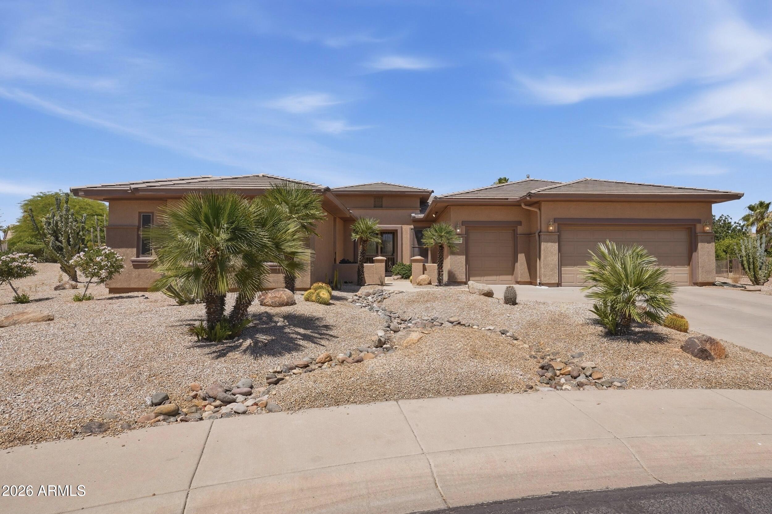 Stunning 3,200 sf Expanded Ashbury W/Casita on  oversized 19,846 sq ft private cul-de-sac lot. Features include Corian counters, maple cabinets with pull-outs, walk-in pantry, touch faucet, and new stainless steel appliances. 20'' tile in main areas; laminate in bedrooms. Plantation shutters throughout. Large office plus two flex rooms ideal for bedrooms, den, or hobby space. Primary suite offers dual sinks, soaking tub, and walk-in shower. Spacious laundry with sink. Front courtyard with kool decking leads to a private casita with full bath and walk-in closet. Extended 2.5-car garage with built-in cabinets. Expansive covered patio with extended pergola and kool decking. New A/C and furnace (2024). Powder room included. A rare property offering exceptional space, privacy, and versatility.