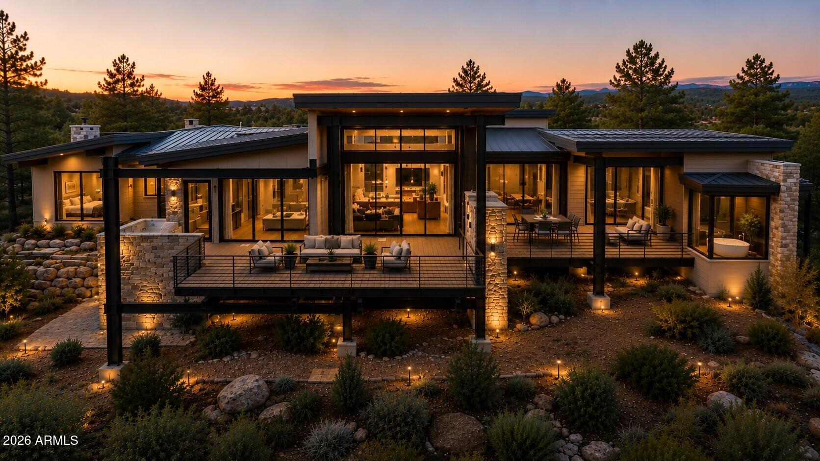 112 S. Rim Club Drive | The Flagship Residence of The Rim Golf Club
Estimated Completion: October 1, 2026
Positioned on one of the community's most coveted one-acre homesites, this architectural masterpiece has been thoughtfully designed to showcase the finest in modern mountain living while capturing what many consider to be the most spectacular views in the club.
Encompassing 4,052 square feet of refined living space, this extraordinary contemporary mountain estate offers a level of architecture, craftsmanship, and attention to detail rarely found in Arizona's luxury home market.
Designed to blur the line between indoors and outdoors, the home features over 1,200 square feet of outdoor living space, creating exceptional settings for entertaining, dining, and relaxing while taking in htaking panoramic views.
Inside, soaring ceilings and dramatic clerestory windows flood the open-concept great room with natural light while framing unforgettable mountain vistas from nearly every room. The thoughtfully designed floor plan offers three luxurious bedroom suites, a dedicated office or fourth guest bedroom, four beautifully appointed bathrooms, an elegant wine room, and expansive living spaces that flow effortlessly from one gathering area to the next. Built to stand the test of time, the home showcases an impressive collection of premium, low-maintenance materials including TimberTech® maintenance-free siding, authentic natural stone, and a standing-seam metal roof, combining timeless architecture with exceptional durability.
At the heart of the home is an extraordinary chef's kitchen designed for both everyday living and grand entertaining, featuring expansive islands, luxury appliances, premium finishes, and seamless connection to the surrounding living and outdoor spaces.
Car enthusiasts will appreciate the impressive 1,100+ square feet of garage space, providing abundant room for vehicles, golf carts, recreational equipment, and storage.
This is more than a luxury residence; it is a statement. A showcase of modern mountain architecture. A home destined to become one of the defining properties within The Rim Golf Club.
Scheduled for completion in October 2026, this is a rare opportunity to own one of Arizona's most exceptional luxury mountain homes before it is finished.
Some homes are built to impress. Others are built to be remembered. 112 S. Rim Club Drive is destined to become one of the iconic residences of The Rim Golf Club. Optional Stay & Play participation offers a rare financial opportunity. Qualified buyers may be eligible for significant first-year tax advantages (potentially exceeding $1 million, depending on individual circumstances and current tax law), while also creating the opportunity to generate rental income when the home is not in personal use. A unique combination of luxury ownership, income potential, and possible tax benefits rarely found within The Rim Golf Club or Chaparral Pines. Buyers should consult their tax and legal advisors regarding eligibility. Renderings are artist's conceptual illustrations and are intended for marketing purposes only. Actual finishes, materials, colors, furnishings, landscaping, and architectural details may vary from the completed home.