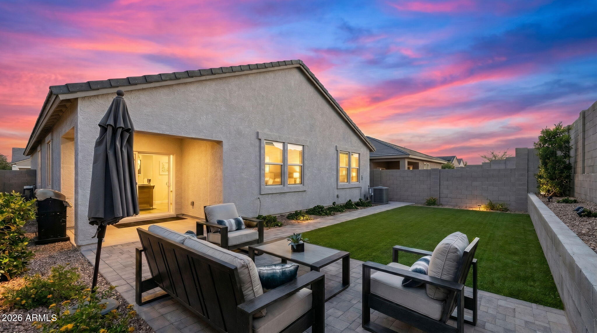 Shows like a MODEL HOME!  This 2023 built home has barely been lived in and shows like new.  It features a  beautifully landscaped turf backyard with a covered patio, extended paver patio, custom interior paint, custom glass shower doors, and modern fixtures throughout.  Every upgrade has been completed by a licensed professional, ensuring quality and attention to detail.  Home is situated on a private cul de sac across from greenbelt/ramada area.  This immaculate residence exemplifies modern living for discerning buyers at a great price point.

Furnishings available through a separate bill of sale.