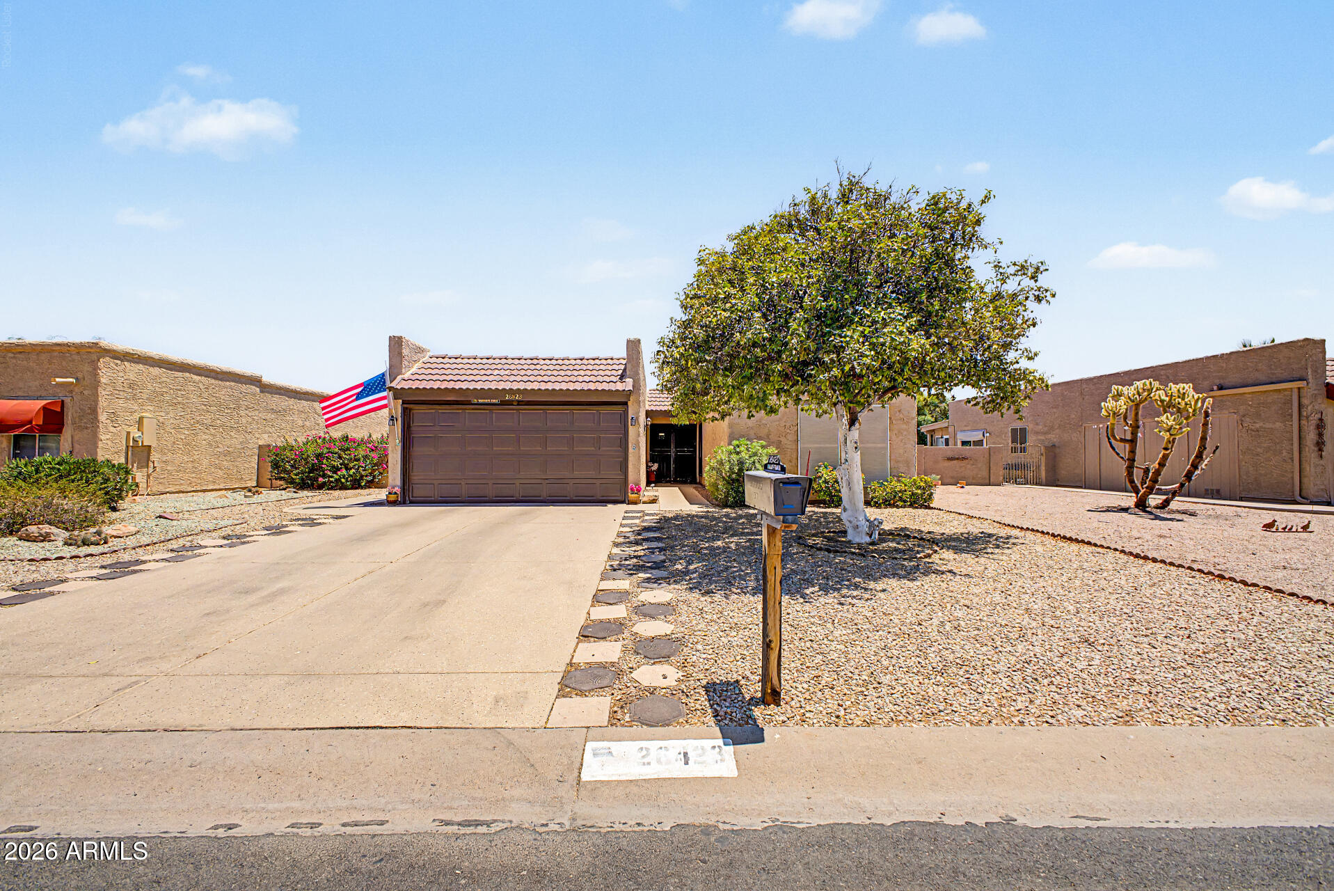 Welcome home to this Tovar floor plan in Sun Lakes Country Club. Walk through the entryway into the extended living room and formal dining room. Kitchen features cherry cabinets, plenty of cabinets, and an eat in kitchen. The kitchen is ideal for entertaining. 2 Bedrooms and 2 baths. The primary suite is spacious with en suite bathroom- with updated shower, double sinks.  The Arizona Room is spacious.  A great place to entertain your guests.   2 car garage features plenty of storage.  Enjoy entertaining on the side patio overlooking the spacious back yard. Come enjoy all that Sun Lakes has to offer- golf, tennis, pickle ball, swimming pools, restaurants, and more.