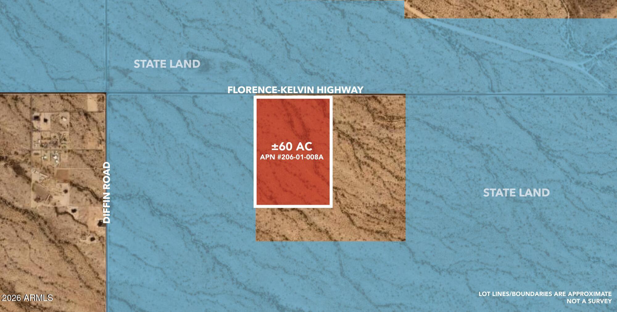 Rare opportunity to own ±60 acres of scenic Arizona desert with frontage on Kelvin Florence Highway in the rapidly growing Florence area. Surrounded by State Land on the north and west, this private parcel offers exceptional views of the Mineral Mountains, Newman Peak, and the Superstition Mountains. Zoned GR (General Rural) in Pinal County, the property allows a variety of uses including residential, agricultural, equestrian, and recreational opportunities. The level to gently rolling terrain is dotted with native saguaro cacti, creating the classic Sonoran Desert landscape buyers seek. Ideal for a custom ranch, rodeo arena, equestrian retreat, residential development, or long-term investment. The property has potential for future parcel splits and lies in the path of growth. Power is located approximately ½ mile west on Diffin Road, with nearby well activity supporting future development. Enjoy peaceful desert living with paved highway access, abundant outdoor recreation, and endless possibilities on this unique Arizona land holding.