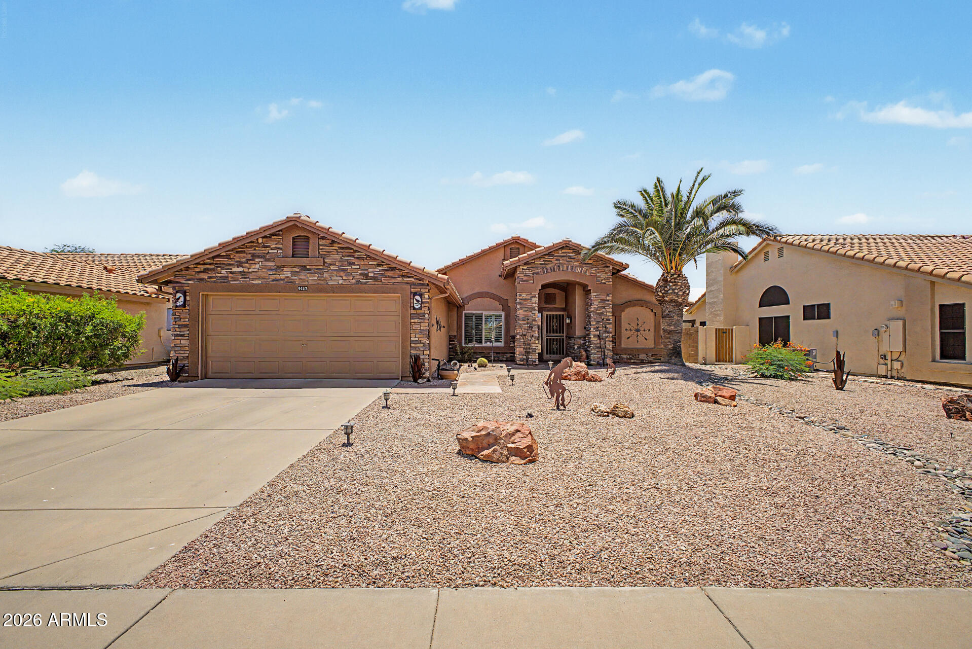PRIDE OF OWNERSHIP! Updates inc roof, A/C, windows, paint, floors & more! Sits on a cul-de-sac lot, this beautiful home offers 2 beds, 2 baths, and a 2-car garage with cabinetry. Great curb appeal with stone accent details and desert landscape. The interior exudes sophistication with vaulted ceilings, tons of natural light, plantation shutters, neutral palette, recessed lighting, and tile flooring with wood-look in bedrooms. Excellent floor plan with a formal living room and an inviting dining room.The kitchen boasts black SS appliances, granite counters, mosaic tile backsplash, cabinetry with crown molding, pull-out pantry cabinet, and a peninsula with breakfast bar. Primary bedroom has French doors to the back and an ensuite with dual sinks and a walk-in closet. Select furnishings avail. Tranquility awaits in the large backyard! With a paver-covered patio & two Palo Verde trees, it is the ideal spot to relax or enjoy BBQ. PLUS! Residents of the active adult Westbrook Village have access to two recreation centers, heated pools & spas, fitness facilities, pickleball, tennis, and two scenic golf courses. The community also offers countless clubs, social activities, walking paths, and beautifully maintained grounds, creating an active and welcoming lifestyle. Conveniently close to shopping, dining, and Loop 101 access. Don't miss this opportunity!