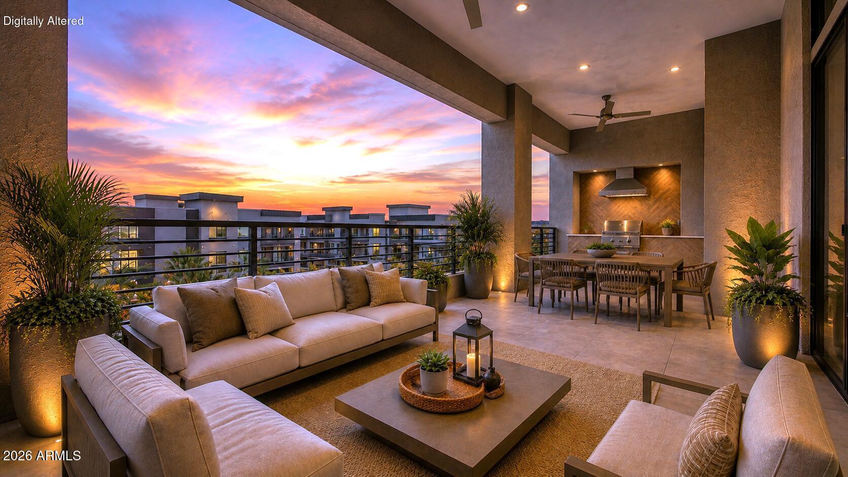 Perched on the top floor in the heart of Desert Ridge, this stunning 1,781 sq. ft. residence delivers a rare blend of sophistication, privacy, convenience, and effortless lock-and-leave living.
Step onto the expansive balcony overlooking the pool and discover an outdoor extension of your home -- complete with a built-in BBQ island, perfect for morning coffee, evening conversations, or entertaining friends under the Arizona sky.
Inside, bold modern finishes create a sophisticated, New York-inspired ambiance that truly sets this residence apart -- a style and feeling photos simply cannot fully capture.
Designed for comfort and flexibility, the home features 2 spacious bedrooms, a versatile Den/Office, and 2.5 baths -- all on one convenient level with elevator access, secure underground parking, and private storage. 
Beyond your front door awaits a resort-style experience with exceptional community amenities including a world class clubhouse with chef's kitchen, theater room, infrared saunas and more. Just steps from High Street, Desert Ridge Marketplace, and the JW Marriott Resort--with golf, dining, and entertainment at your fingertips--this location offers convenience that truly enhances daily living. This residence is priced well below current builder pricing in the community, making it a standout opportunity for buyers.
If you've been searching for a home that combines luxury, location, and a lifestyle of ease -- this is one you need to experience in person. Come see what makes this residence in The Luxe at Desert Ridge truly different.