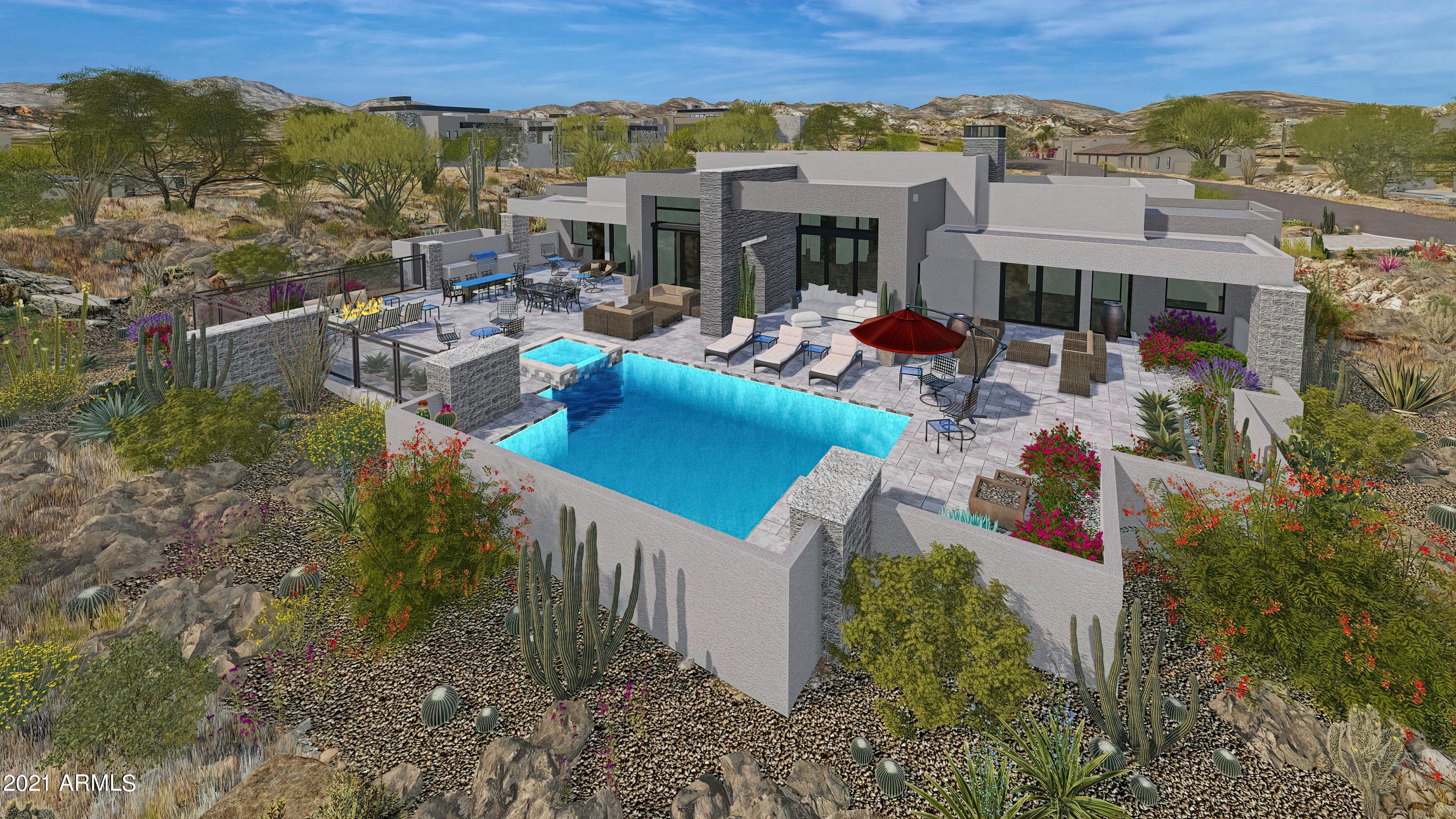 Brand New Mortensen Signature Home under construction.  Single Level Contemporary. Private corner lot facing South and West with enormous sunsets. Gourmet kitchen, Dual master suites, separate den, 16 foot great room ceilings, wood floors throughout, self cleaning pebble tec pool/spa, built in BBQ, Full landscape front and rear with lighting and drip to all plants. Whole home furniture packages available, Desert Mountain Club Memberships available by application. Photographs are of other Mortensen Signature Homes built and closed in Desert Mountain.