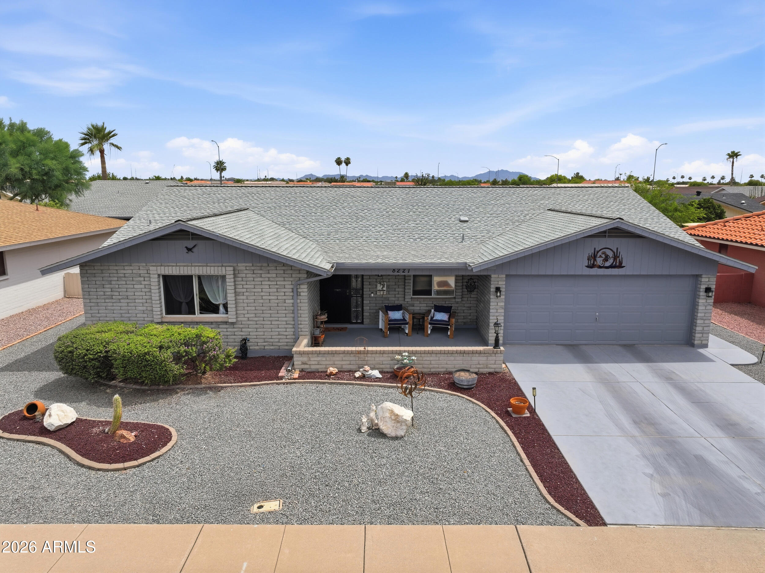 Welcome to your meticulously updated 2-bed plus den, 2-bath home in Sunland Village East! Buy with ultimate peace of mind: big-ticket upgrades include a brand-new 2025 roof (with a 25-year transferable warranty!), 2025 exterior paint, recently cleaned and sealed ductwork, a 2024 master sprinkler system, and a 2019 water heater. This home includes vaulted ceilings in the living and dining rooms. This floor plan feels incredibly bright and open. Enjoy custom window treatments, tile floors, plush 2023 carpet in bedrooms, and energy-efficient LED lighting with dual-pane windows. The kitchen shines with a new fridge and range hood (2024), and dishwasher (2023). A large individual laundry room adds fantastic convenience. Relax year-round in the AZ Room featuring a newly installed mini-spli Step outside to enjoy unmatched golf community amenities, pools, and vibrant social clubs. This turnkey gem is ready for you