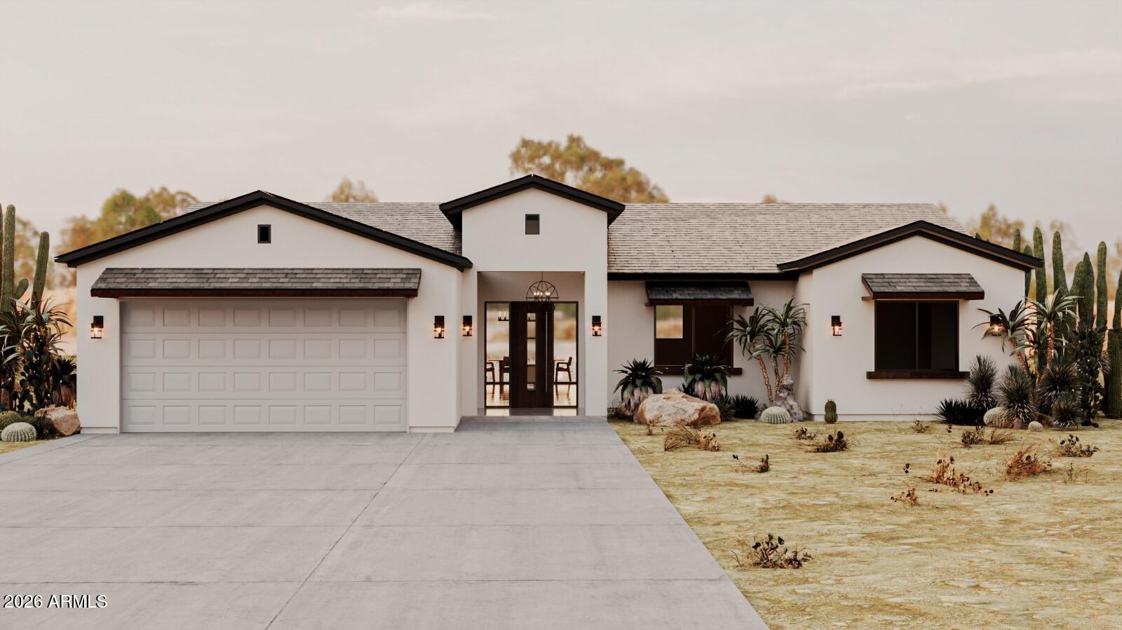 This brand-new Modern Ranch combines high-performance construction with open-concept luxury. Spanning 2,204 sq. ft. on a lush 1-acre lot, this home is built to last with 2x6 exterior walls, full-cavity spray foam insulation, and reinforced concrete for maximum efficiency. Inside, 10-foot ceilings create an airy, expansive feel. The kitchen is a standout, featuring a giant walk-in pantry for effortless storage. Relax on the full-length back patio, perfect for taking in views of your landscaped grounds. Equestrians and hobbyists will love the horse-zoned property, complete with flood irrigation. The oversized garage is a rare find, specifically designed to easily house two full-size pickup trucks plus extra gear. Experience the perfect blend of rural freedom and modern craftsmanship.