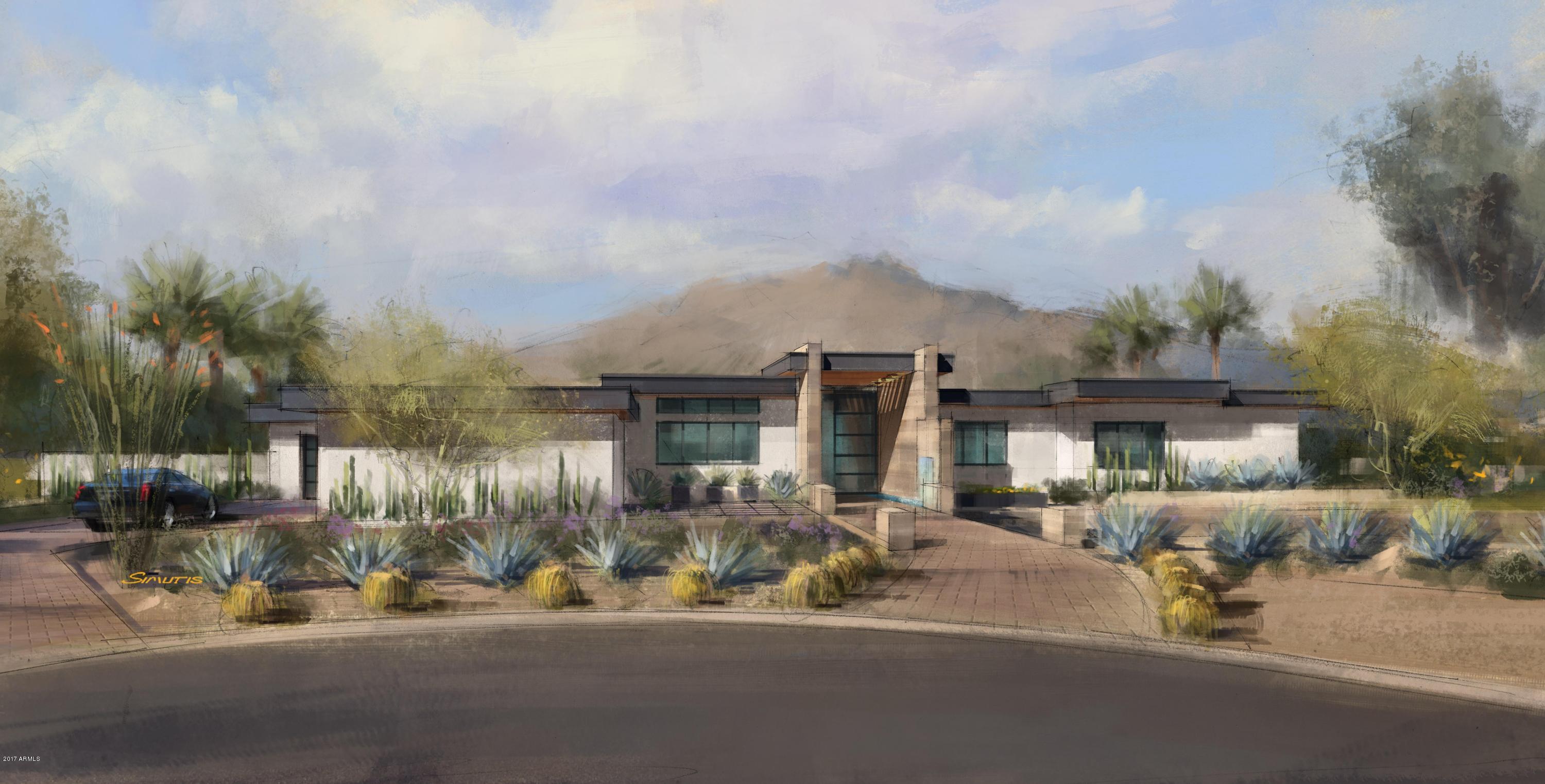Be the first person to live in this modern masterpiece. This spectacular home offers magnificent mountain views of both Camelback and Mummy Mountain from every window in the house.

Exquisite and minimalist design exudes style and comfort.  Sophisticated materials including rich Brazilian Teak (Cumaru) wood that wraps around the eaves of the entire home, Vein cut Espresso Travertine walls that greet you at the entry and continue right through the house and outdoor living area. Beautiful large format Italian Porcelain tile seamlessly merges indoor and outdoor spaces through walls of glass and soaring ceilings

Comfortable yet modern, this 6600 square foot home features a large master suite with his/her closets, gym and a beautifully appointed dressing room.  Off the master bedroom is a large office/study with limestone fireplace.

This estate is an entertainer's dream. With a 15' kitchen island that includes two oversized sinks and two dishwashers. A wall-to-wall glass wine cellar situated conveniently off the dining room. Hanging from the dining room ceiling is a Moooi modern pendant, created by Dutch designer Bertjan Pot that is visually stunning.

Outdoor amenities include a linear fireplace, an outdoor cooking area with Viking BBQ, TV and large seating area.