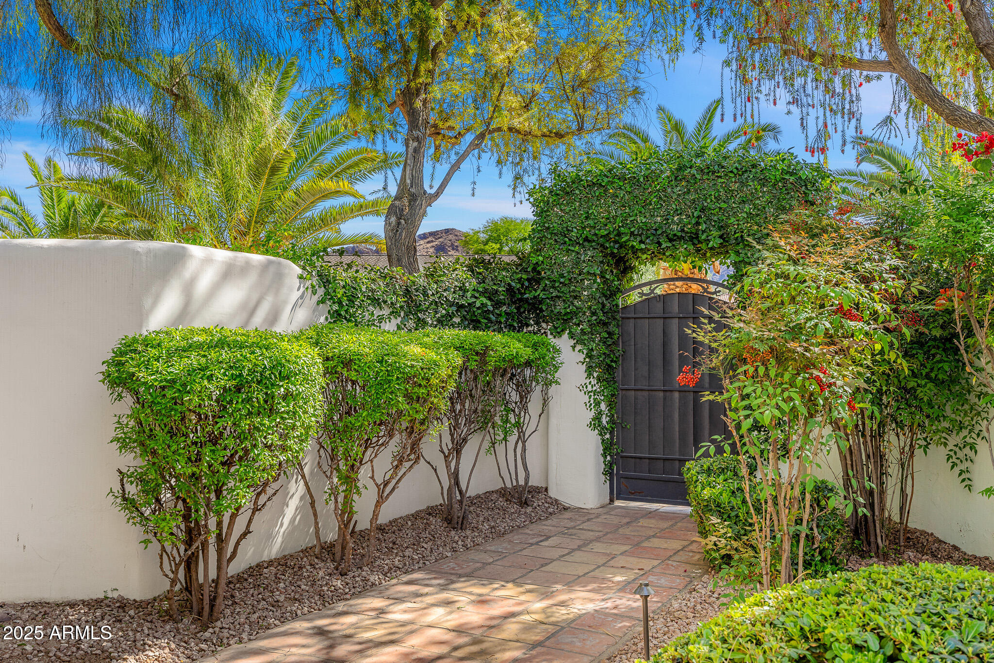 Nestled in a tranquil neighborhood of Camelback Country Estates, this stunning Santa Fe style with modern touches, combines luxury and comfort in a peaceful setting. With porcelain wooding flooring and soaring ceilings throughout, this home offers a bright and open atmosphere, enhanced by three newly remodeled bathrooms. The resort-style backyard is an entertainer's dream, featuring a spacious pool with rock features, a slide, and waterfalls, all surrounded by lush landscaping with fruit and palm trees. Expansive green grass invites play and relaxation, while the covered wood-beamed patio offers a perfect spot to unwind and enjoy the serene surroundings. The newly remodeled chef's kitchen boasts a large island and ample cabinetry, offering plenty of storage space for daily living.
