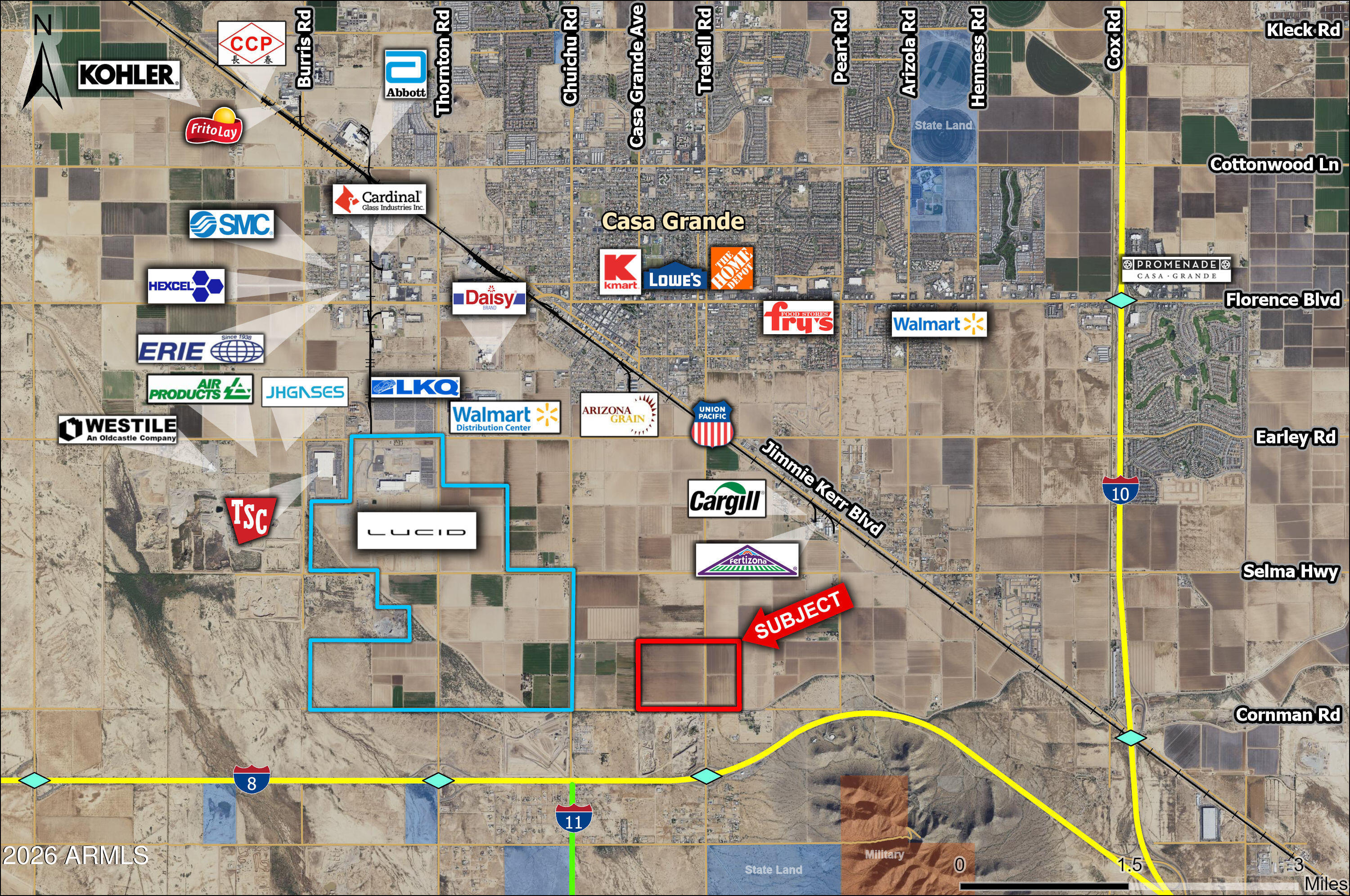 Subject property is located in the growing Casa Grande Industrial Corridor on the east and west side of Trekell Rd. Subject lies ½ a mile north of a full diamond interchange on Interstate 8, and Lucid Motors is ½ a mile from the western border. Seller will give time for entitlements.  Excellent Investment or 1031 Exchange.