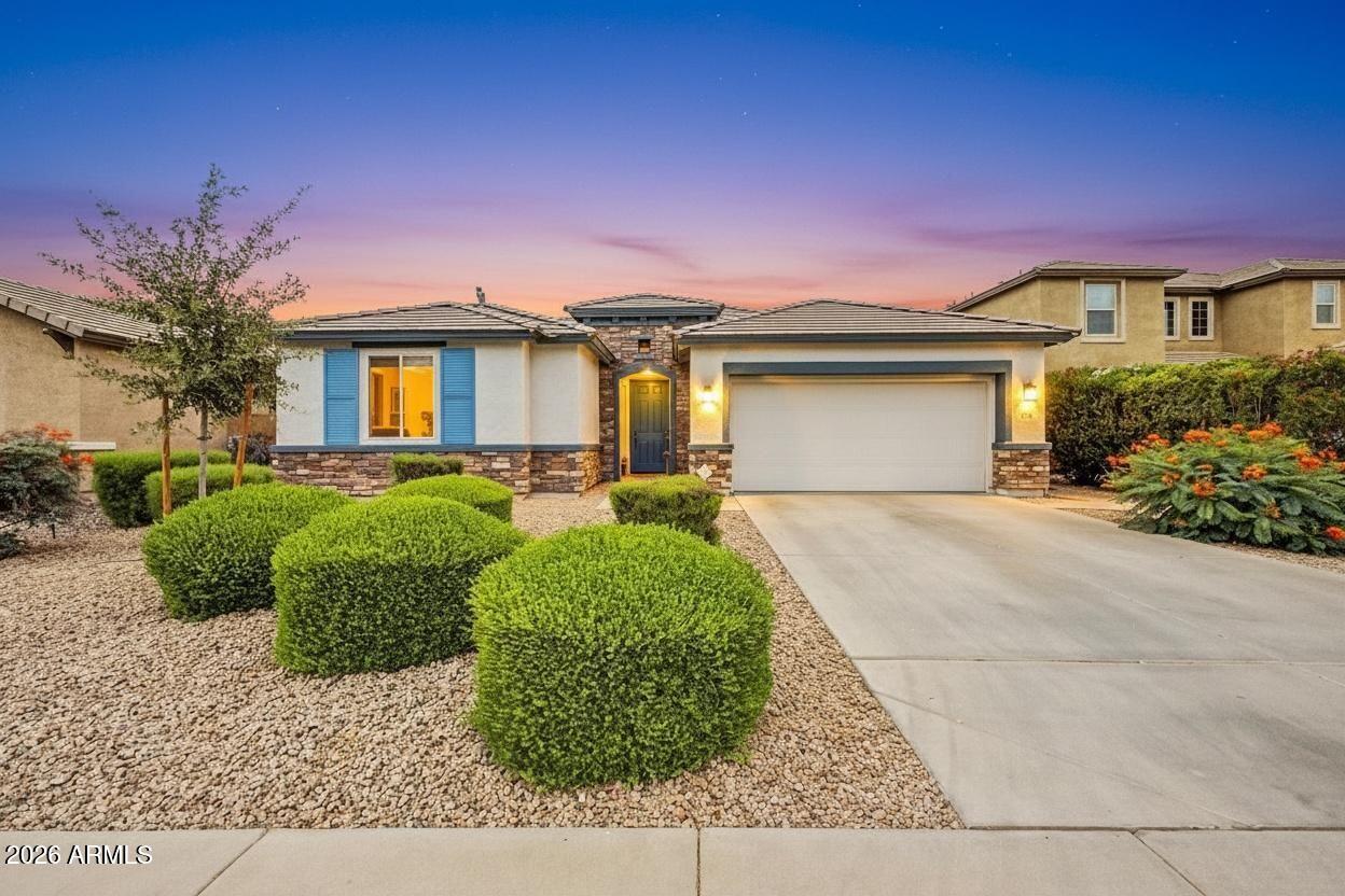 Discover this beautifully upgraded home in Desert Hollow featuring a 2024 Bosch 16 SEER HVAC (10-yr transferable warranty), fresh 2025 interior/exterior paint, and 8' doors throughout. The gourmet kitchen boasts double ovens, new cooktop, dishwasher, 42'' cabinets, and granite counters extending to the butler's pantry and laundry. Marble countertops elevate all baths. The oversized primary suite offers patio access and a large walk-in closet. Enjoy a saltwater pool, pergola with BBQ area, Govee lighting, and perimeter security cameras. Garage includes 4' extension, ceiling racks, and dedicated fridge outlet. Added perks: water softener, RO system, flex room/5th bedroom option, and accessible entry. Assumable VA loan.