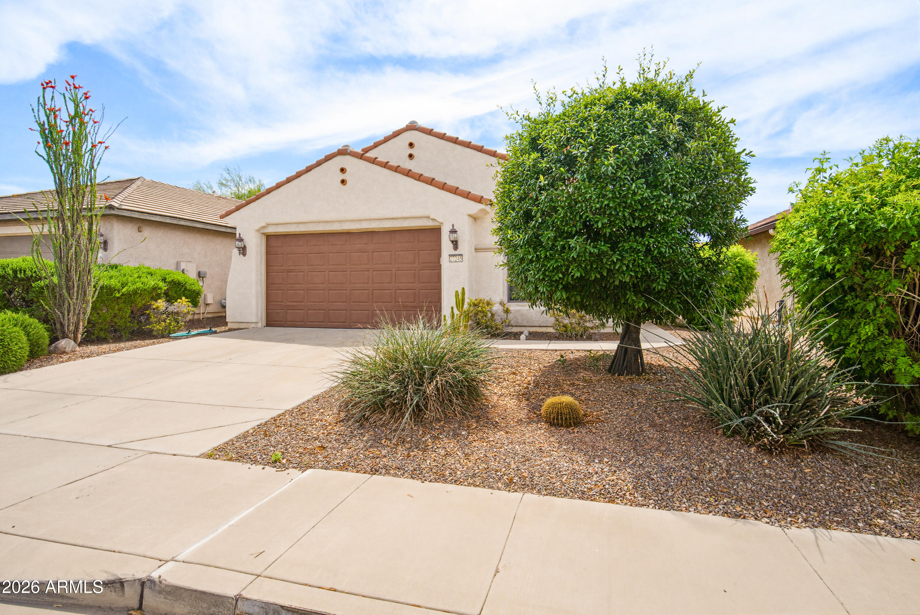Desirable Spirit floor plan offering 1,375 sq ft with 2 bedrooms & 2 bathrooms plus private office & den. No carpet throughout with new plank tile flooring in both bedrooms & den for a clean, modern look & easy maintenance. Kitchen features granite countertops, ample cabinetry, dining nook & a functional layout that opens to the main living area, creating an inviting space ideal for both everyday living & entertaining. Spacious primary suite includes ensuite bath & generous closet space. Split bedroom design offers added privacy for guests. Mature desert landscape enhances curb appeal & provides a peaceful outdoor setting to enjoy Arizona living year-round. Ideally located in the heart of Sun City Festival near golf, recreation centers, dining, walking paths & community amenities.