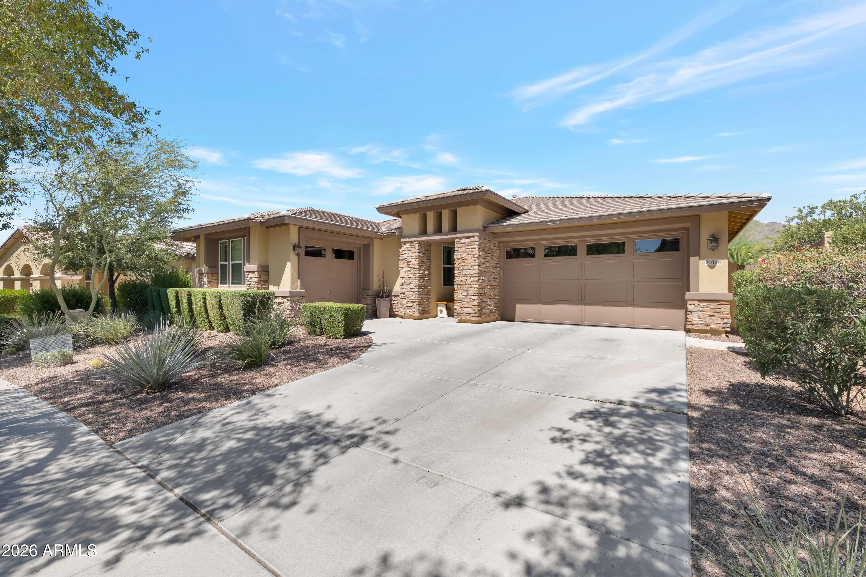 This meticulously maintained home with BREATHTAKING MOUNTAIN VIEWS is now available! Sellers plan to payoff Tesla Solar at COE, Solar only 1 year old! This open floor plan home with 3 bedroom & 2.5 baths along with den includes many upgrades throughout. The gourmet kitchen with stunning cabinets has pullout shelves to maximize kitchen storage. There is a full house water filtration system along with a reverse osmosis system. The stunning backyard includes a beautiful pool, travertine pavers, a built-in BBQ kitchen, a gas fireplace & extended patio with pulldown shades, along with an outdoor sound system. This yard is an entertainers dream come true! There are 2 garages, 1 full size, 1 for golf cart along with storage and epoxy flooring. This house is quite the find and a must see