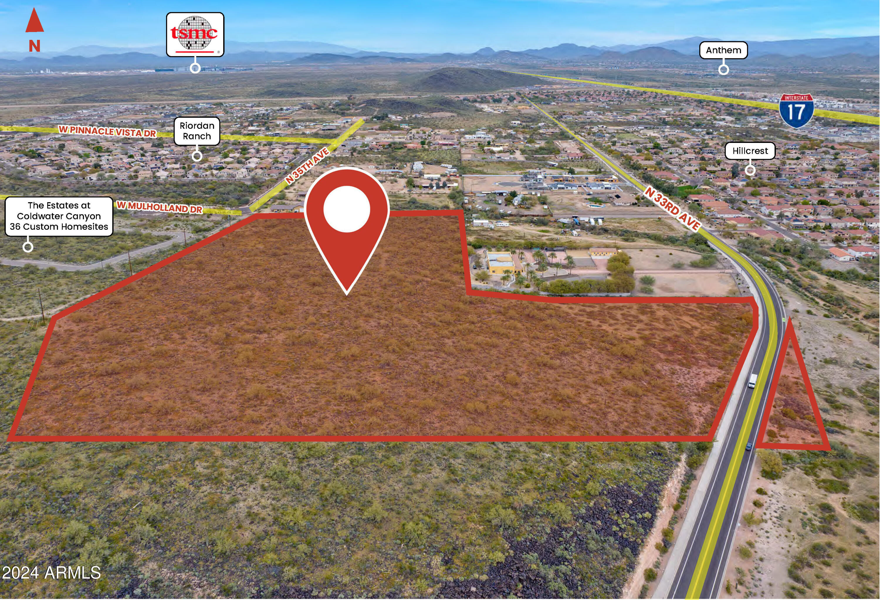 Situated on 18.93 acres at 35th Avenue & W Mulholland Dr, just west of the I-17 in the North Valley, this property offers a strategic location ±12 minutes south of the TSMC plant. Less than a mile to the east, the I-17 provides easy access to the Valley, TSMC and Northern Arizona. Positioned on a hillside near Deems Recreation Area, it presents a promising opportunity for luxury and custom homebuilders. Parcel numbers are 205-03-005-A,C, 205-03-017, 205-03-016-A,B, 205-03-015-A,B. Seller Financing Available!